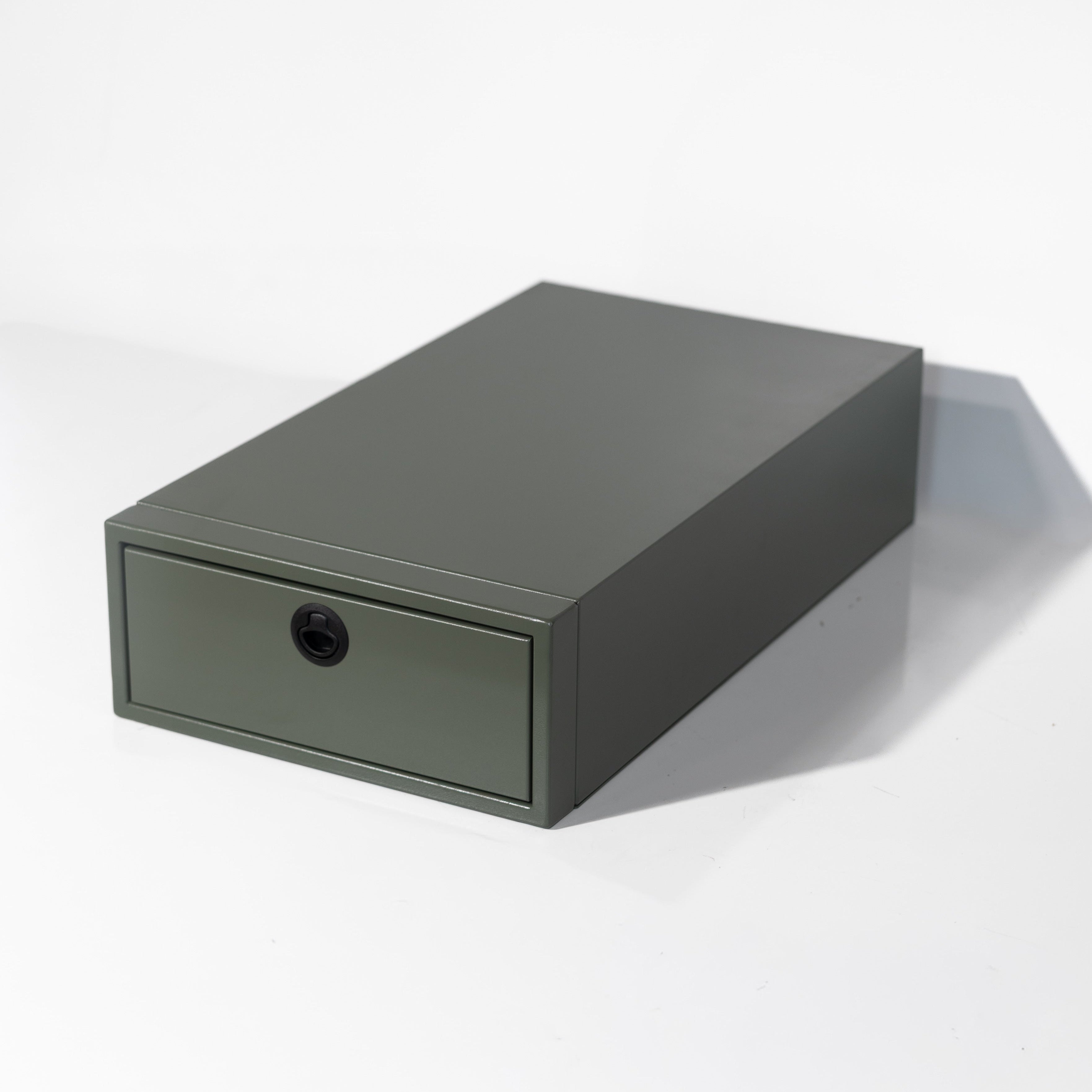 Closed-drawer view of the Winnebago Ekko nightstand by Van Wife Components in Matte Green