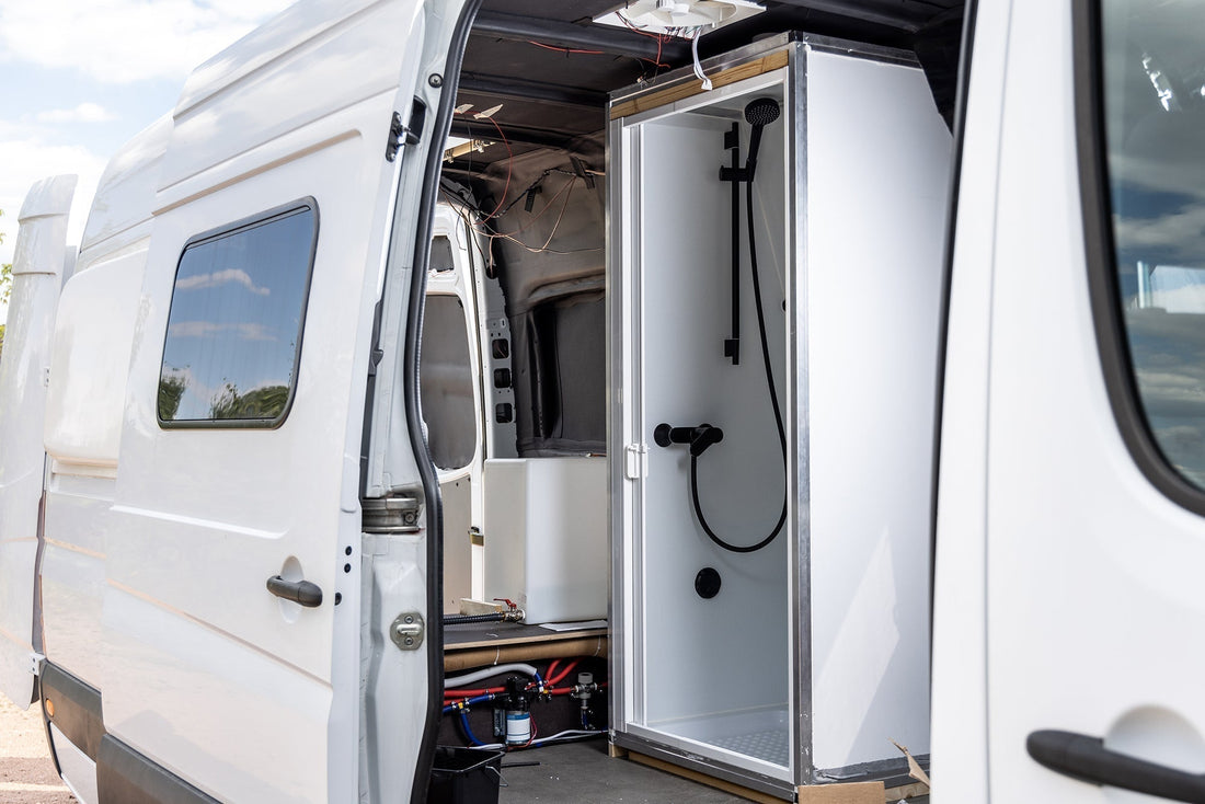 Camper Van RV with DIY shower installed - How to Install A Shower Drain in Your Camper Van Guide - Van Wife Components