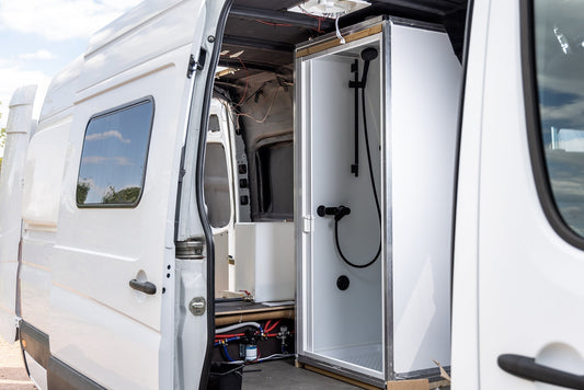 Camper Van RV with DIY shower installed - How to Install A Shower Drain in Your Camper Van Guide - Van Wife Components