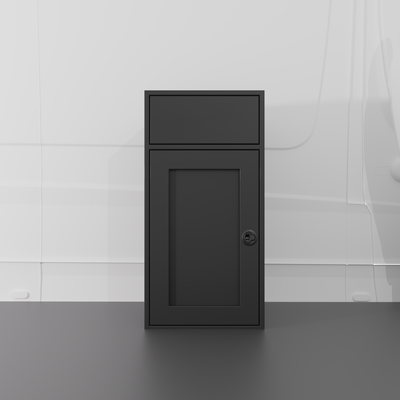 Black 18-inch wide, 22-inch deep, 36-inch tall aluminum sink base cabinet with reversible shaker door and blank structural top for housing drop in RV sink install in a van.