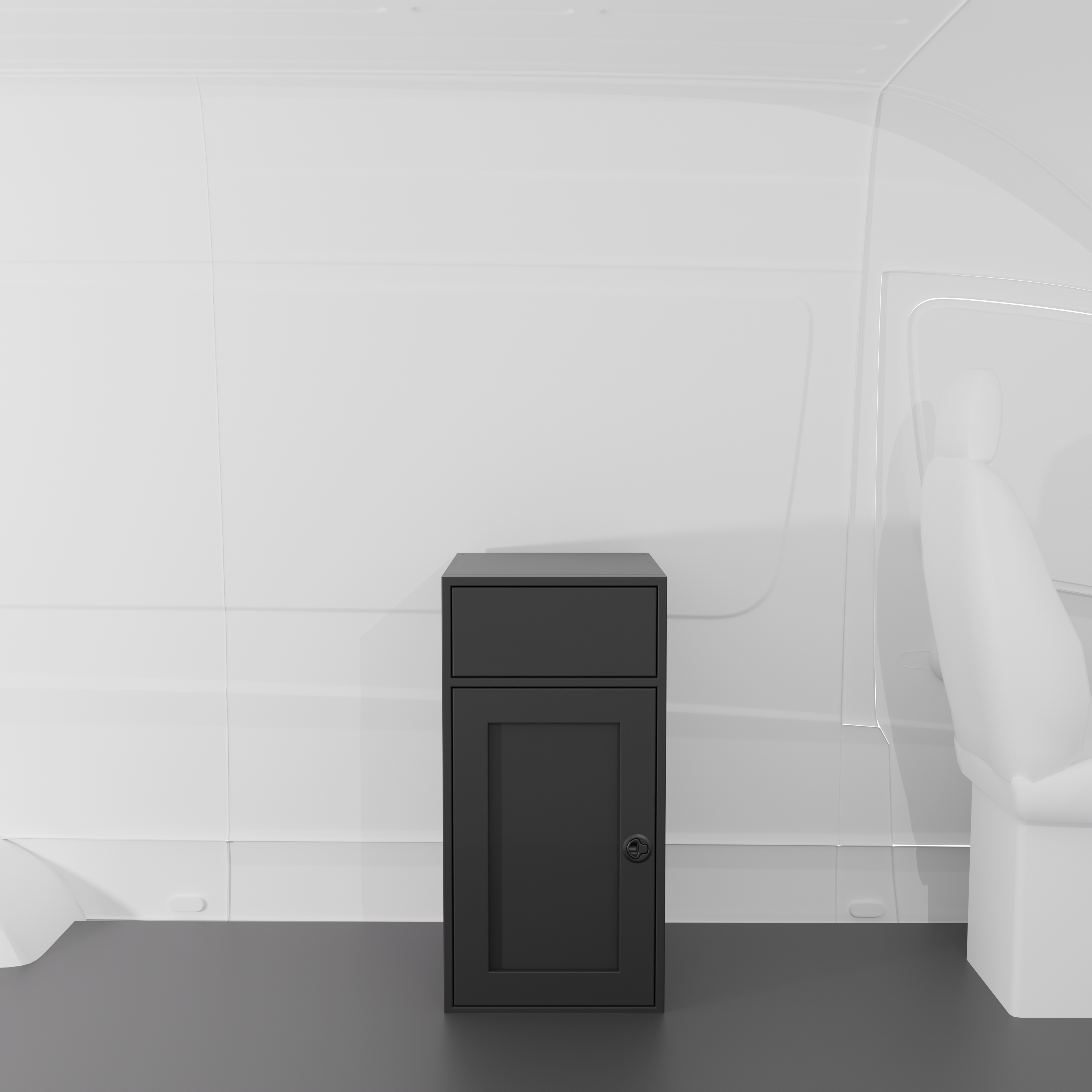 Black 18-inch wide, 22-inch deep, 36-inch tall aluminum sink base cabinet with reversible shaker door and blank structural top for housing drop in RV sink install in a van.