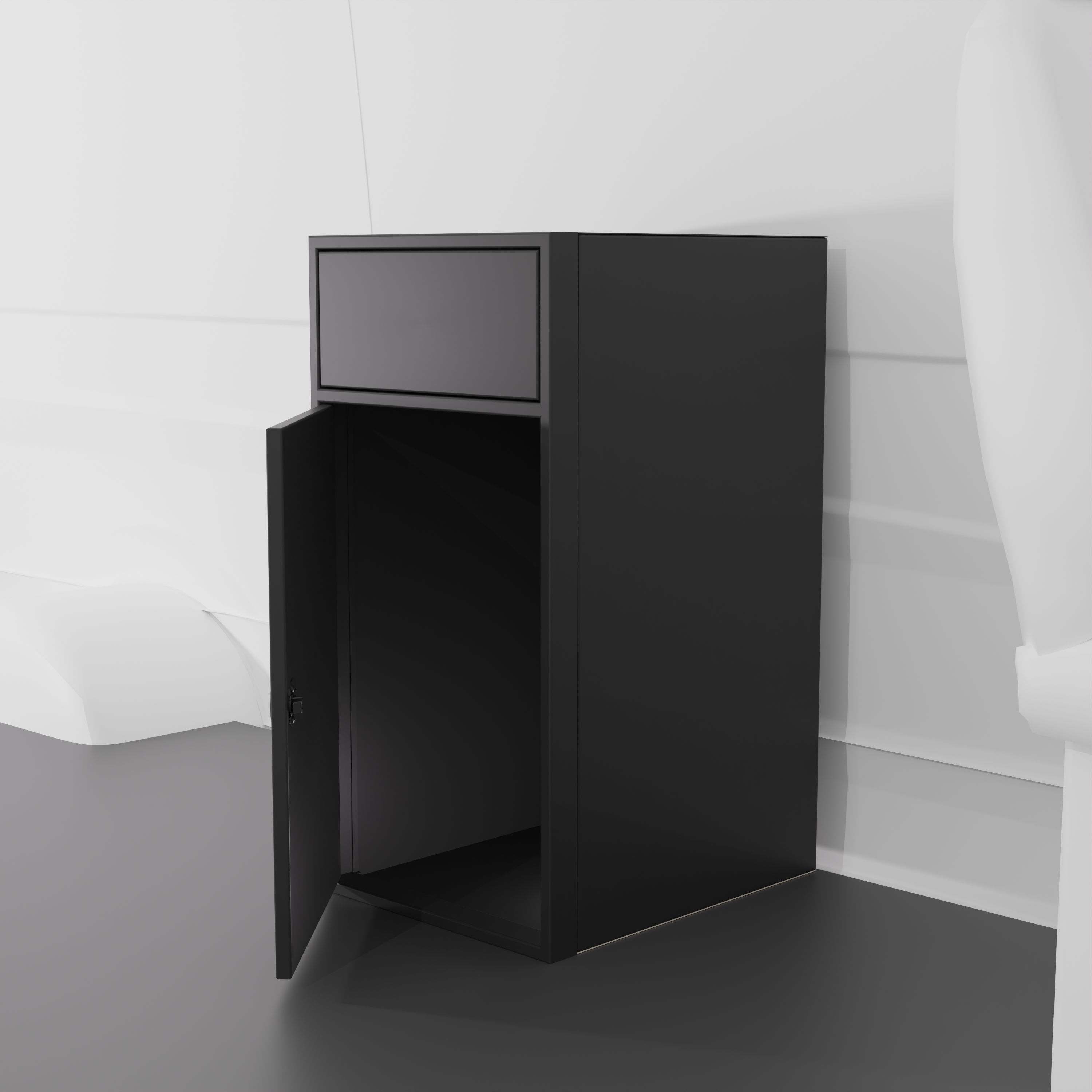 Black 18-inch wide, 22-inch deep, 36-inch tall aluminum sink base cabinet with reversible shaker door and blank structural top for housing drop in RV sink install in a van.