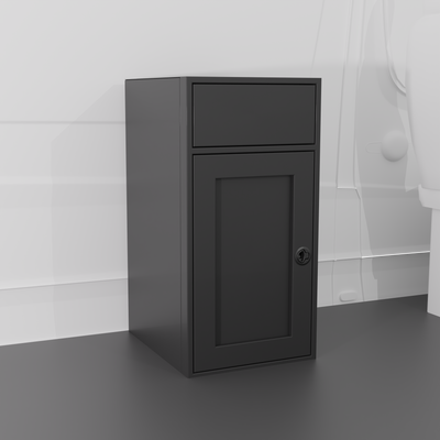 Black 18-inch wide, 22-inch deep, 36-inch tall aluminum sink base cabinet with reversible shaker door and blank structural top for housing drop in RV sink install in a van.