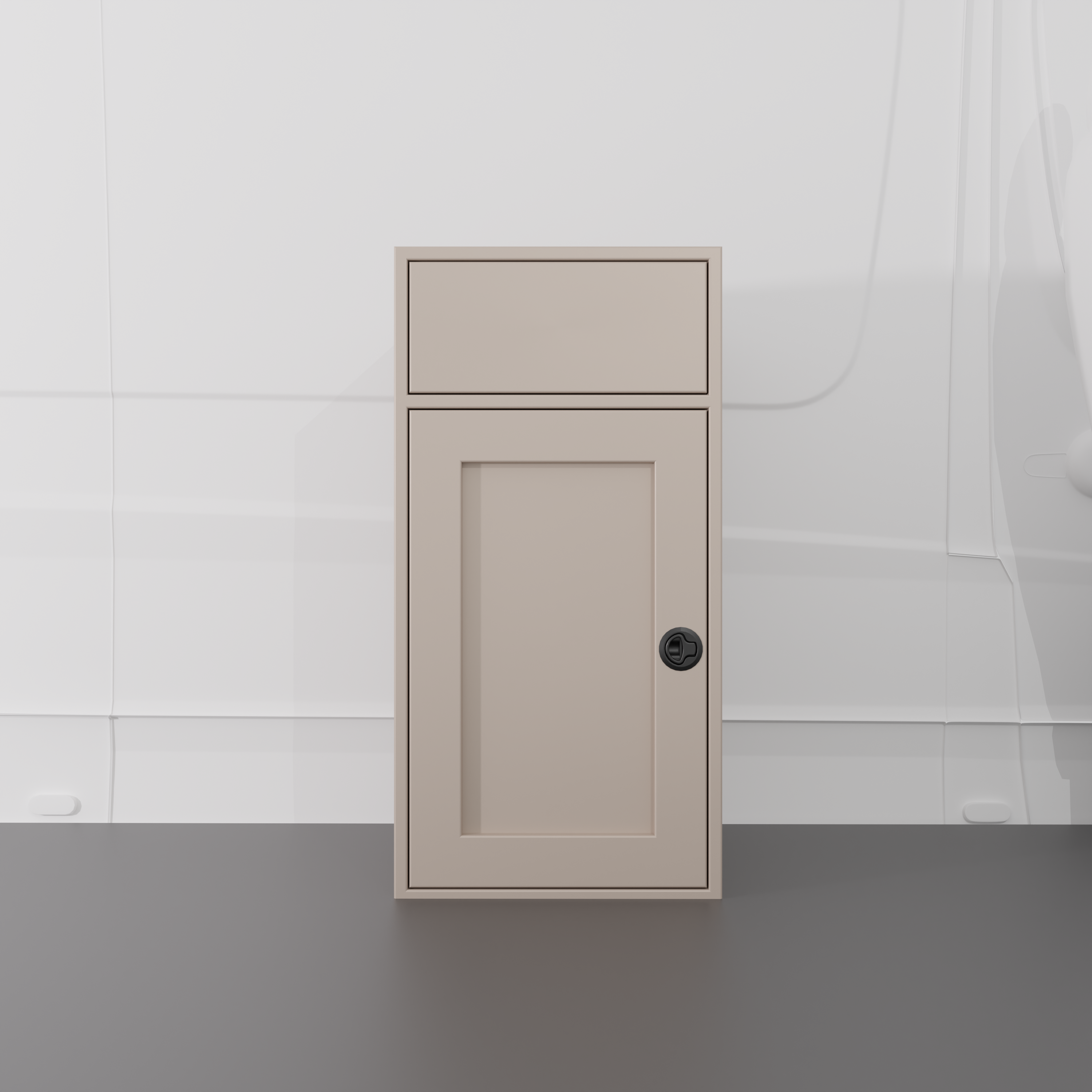 Sandstone 18-inch wide, 22-inch deep, 36-inch tall aluminum sink base cabinet with reversible shaker door and blank structural top for housing drop in RV sink install in a van.
