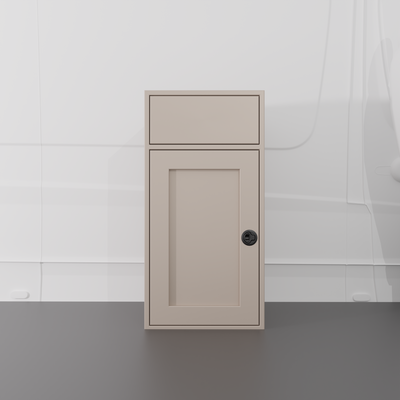 Sandstone 18-inch wide, 22-inch deep, 36-inch tall aluminum sink base cabinet with reversible shaker door and blank structural top for housing drop in RV sink install in a van.