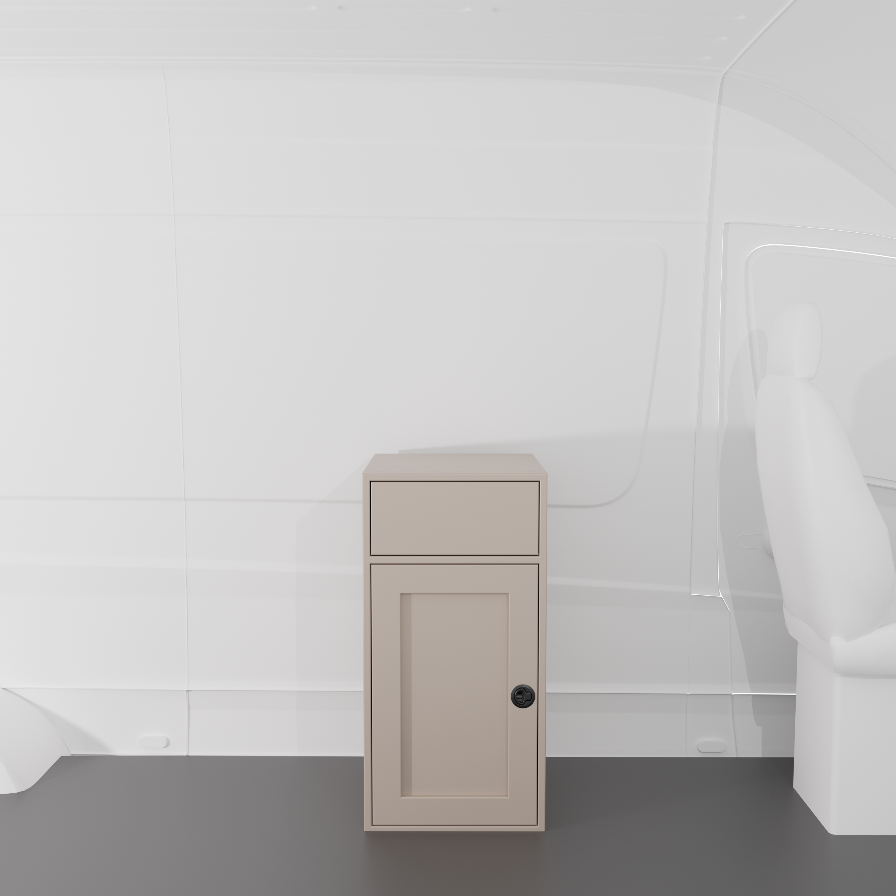 Sandstone 18-inch wide, 22-inch deep, 36-inch tall aluminum sink base cabinet with reversible shaker door and blank structural top for housing drop in RV sink install in a van.