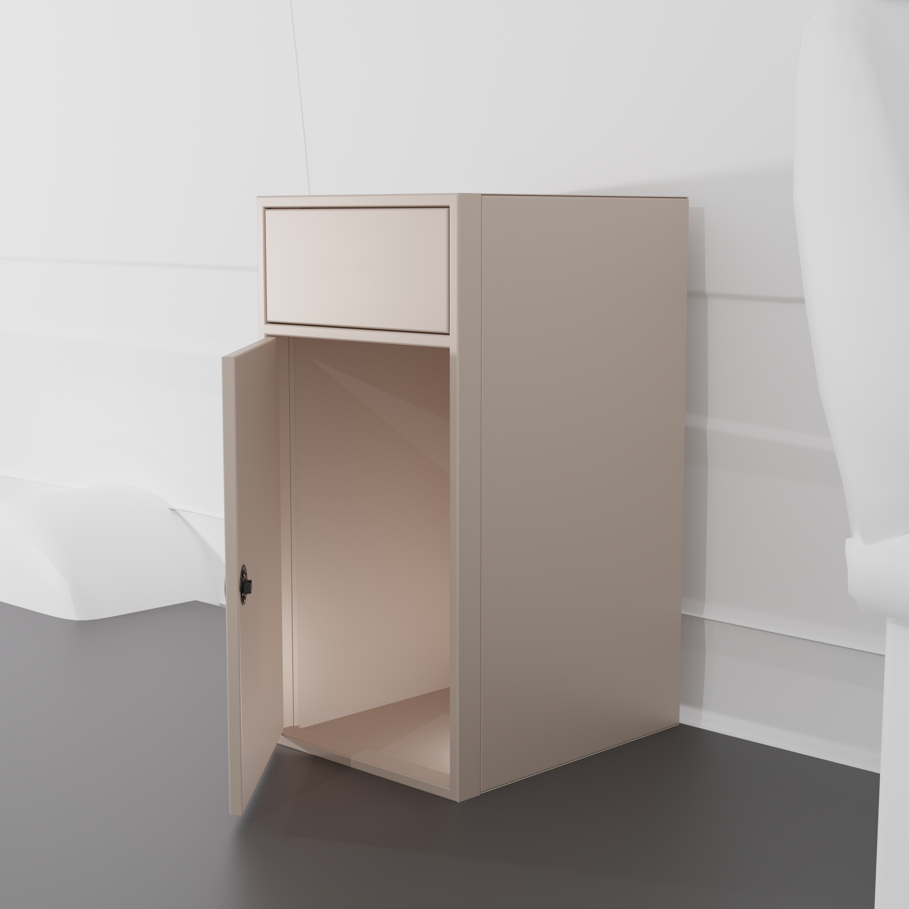 Sandstone 18-inch wide, 22-inch deep, 36-inch tall aluminum sink base cabinet with reversible shaker door and blank structural top for housing drop in RV sink install in a van.