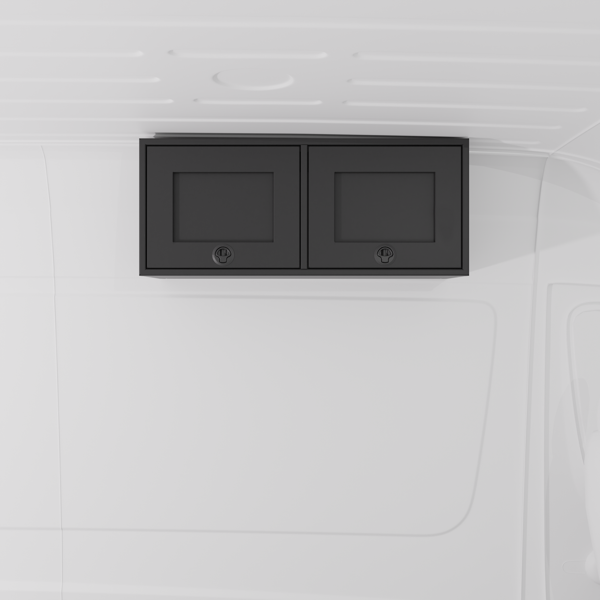 Black 36-inch wide aluminum angled upper Van Wife Components cabinet with two shaker-style doors & flush slam latches mounted in a van
