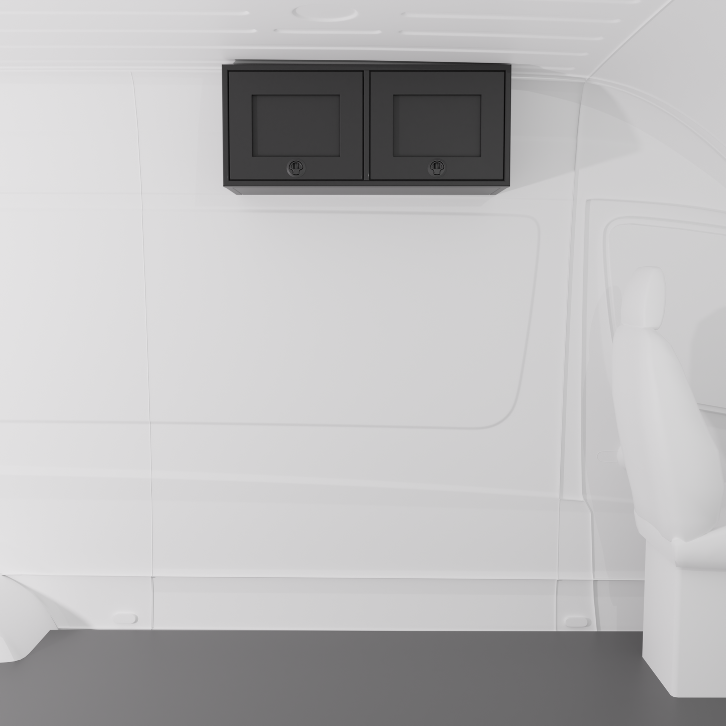 Black 36-inch wide aluminum angled upper Van Wife Components cabinet with two shaker-style doors & flush slam latches mounted in a van
