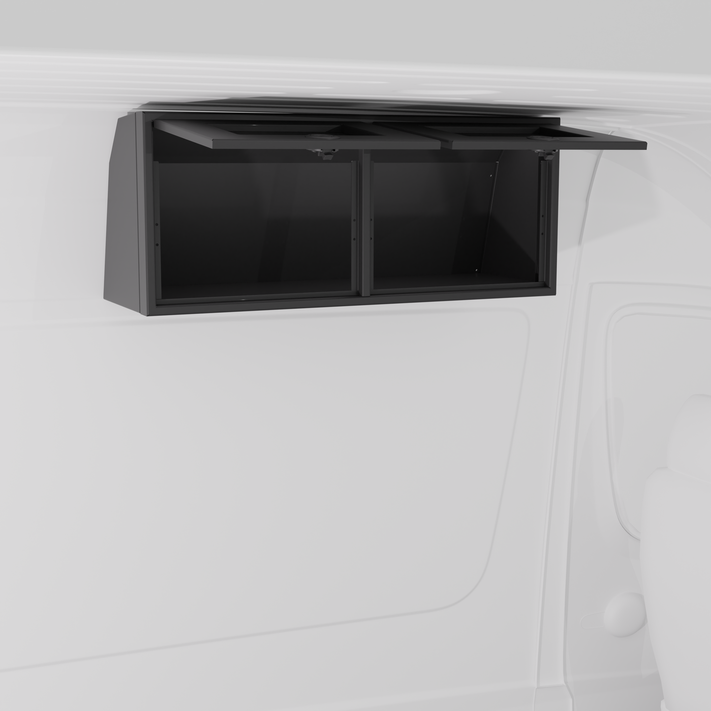 Black 36-inch wide aluminum angled upper Van Wife Components cabinet with two shaker-style doors & flush slam latches mounted in a van
