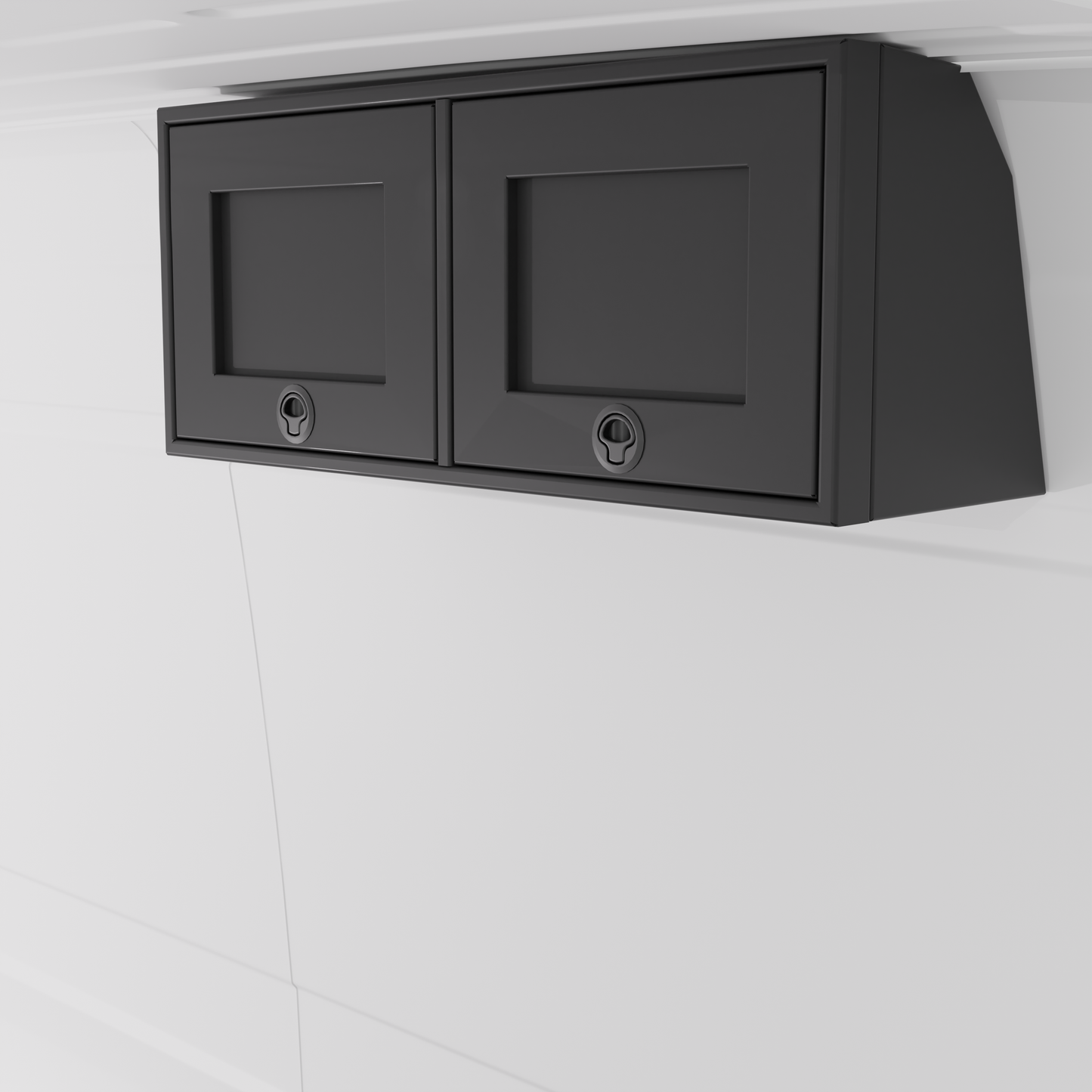 Black 36-inch wide aluminum angled upper Van Wife Components cabinet with two shaker-style doors & flush slam latches mounted in a van
