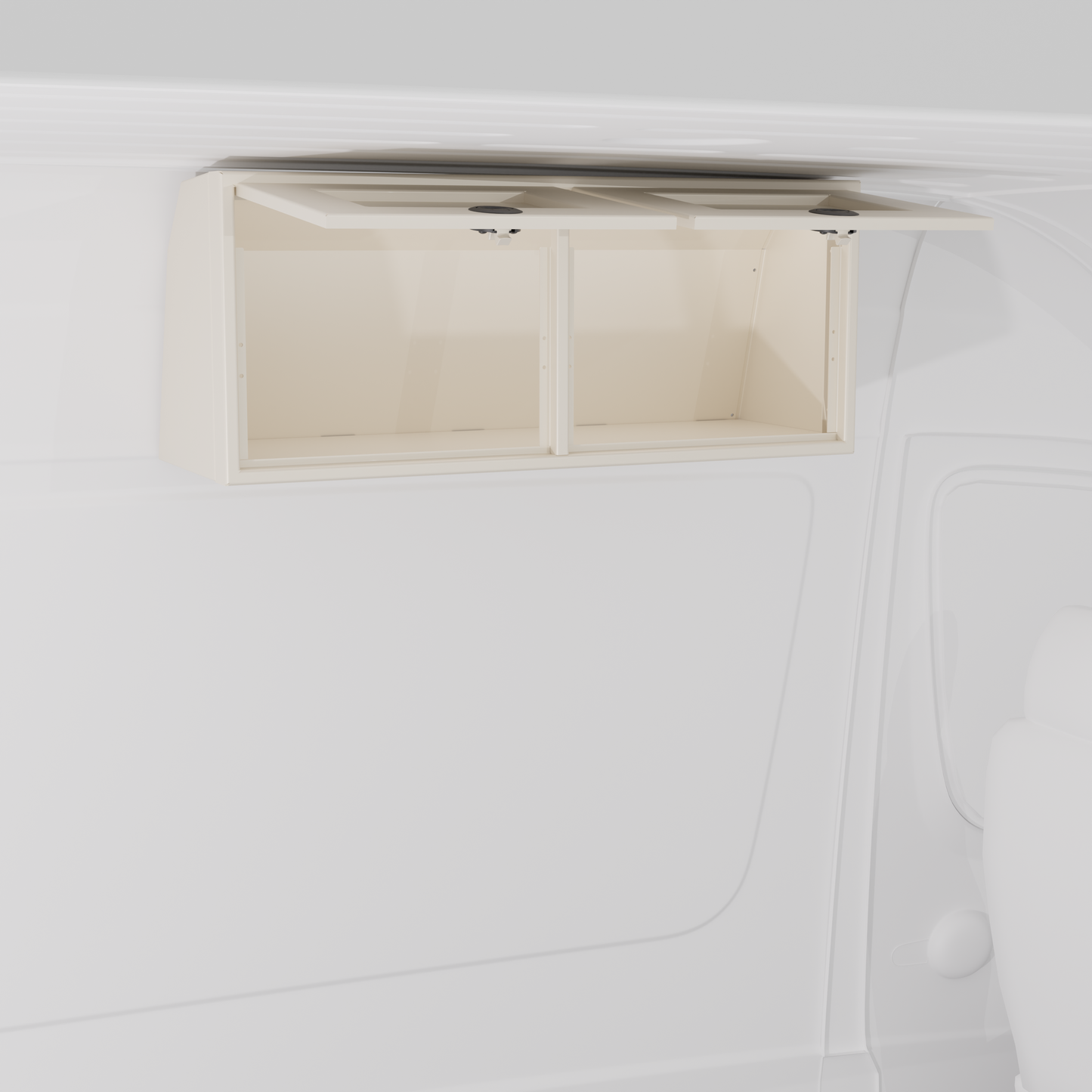 White 36-inch wide aluminum angled upper Van Wife Components cabinet with two shaker-style doors & flush slam latches mounted in a van
