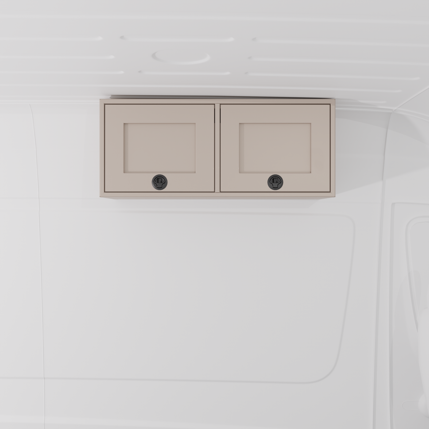 Sandstone 36-inch wide aluminum angled upper Van Wife Components cabinet with two shaker-style doors & flush slam latches mounted in a van
