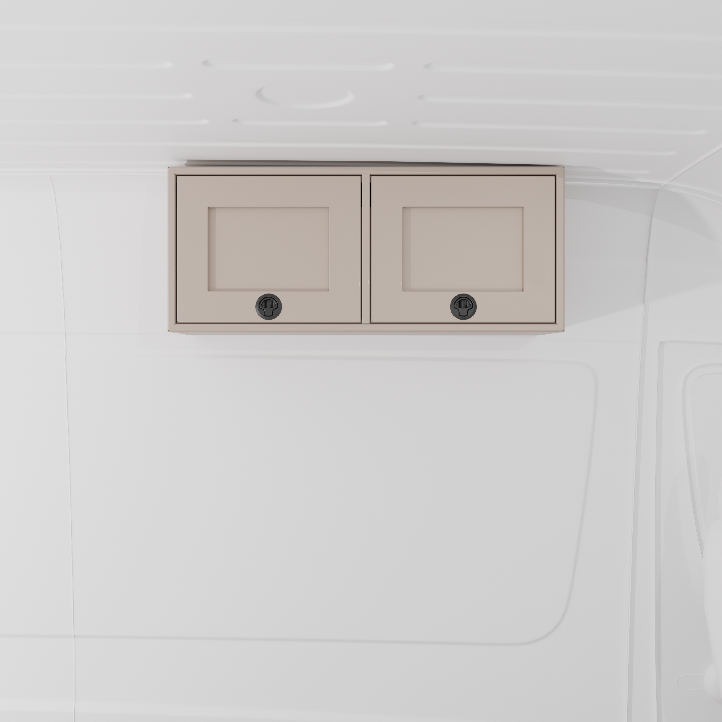 Sandstone 36-inch wide aluminum angled upper Van Wife Components cabinet with two shaker-style doors & flush slam latches mounted in a van
