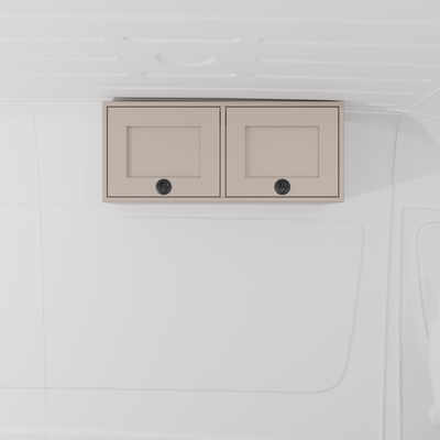 Sandstone 36-inch wide aluminum angled upper Van Wife Components cabinet with two shaker-style doors & flush slam latches mounted in a van
