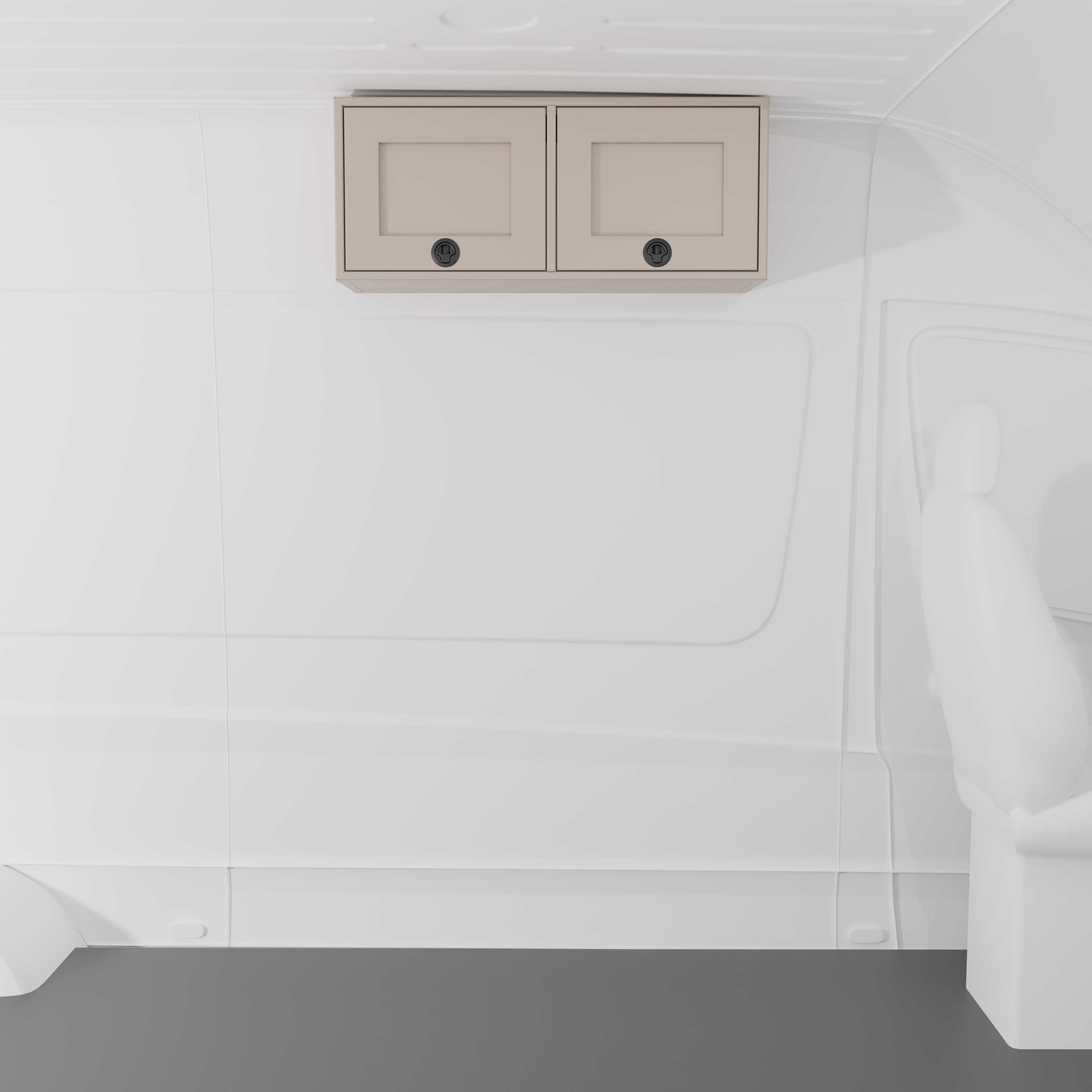 Sandstone 36-inch wide aluminum angled upper Van Wife Components cabinet with two shaker-style doors & flush slam latches mounted in a van
