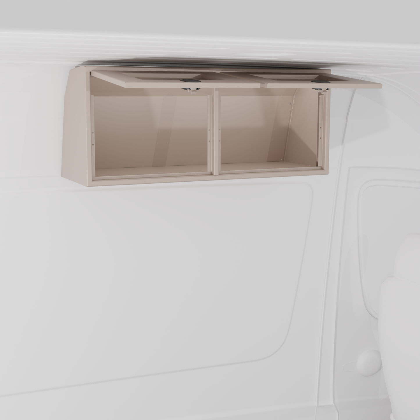 Sandstone 36-inch wide aluminum angled upper Van Wife Components cabinet with two shaker-style doors & flush slam latches mounted in a van
