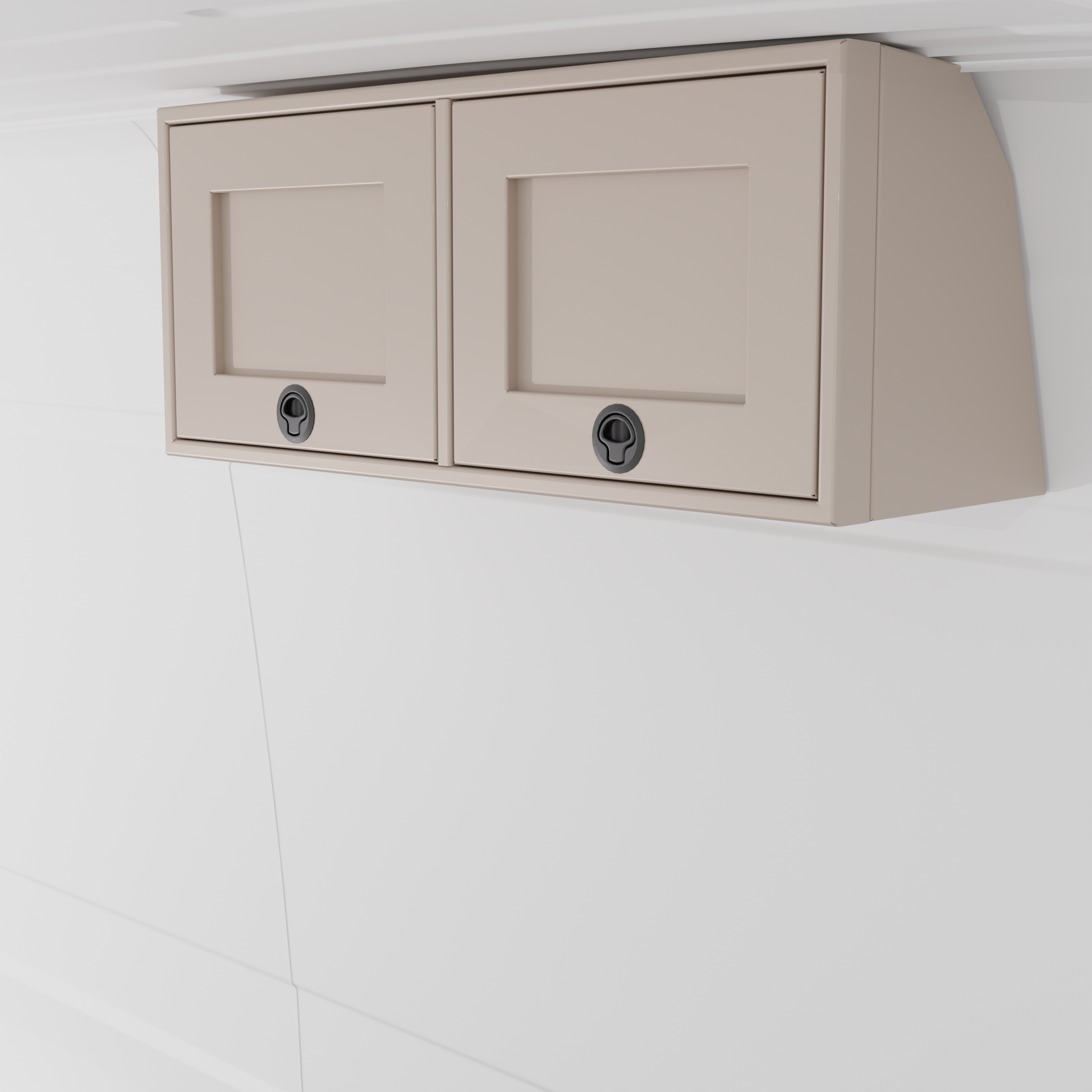 Sandstone 36-inch wide aluminum angled upper Van Wife Components cabinet with two shaker-style doors & flush slam latches mounted in a van
