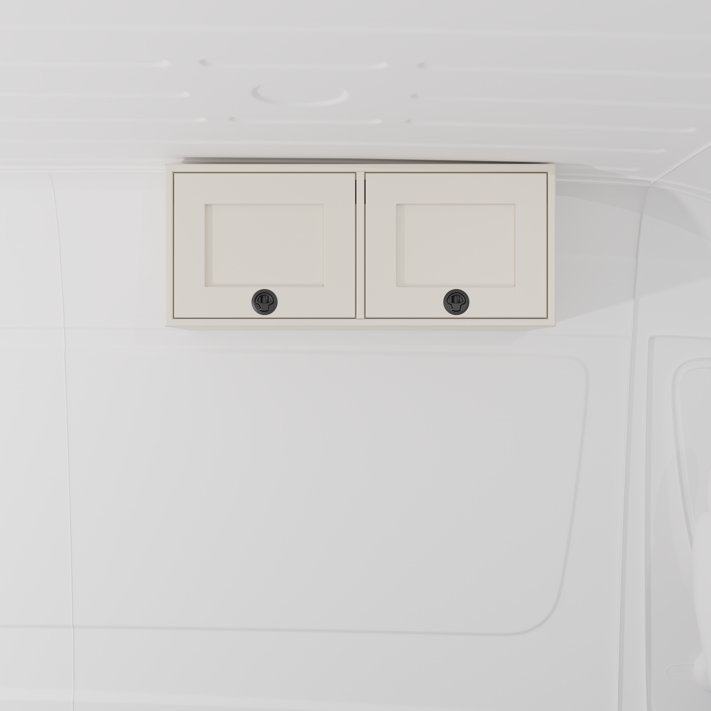 White 36-inch wide aluminum angled upper Van Wife Components cabinet with two shaker-style doors & flush slam latches mounted in a van
