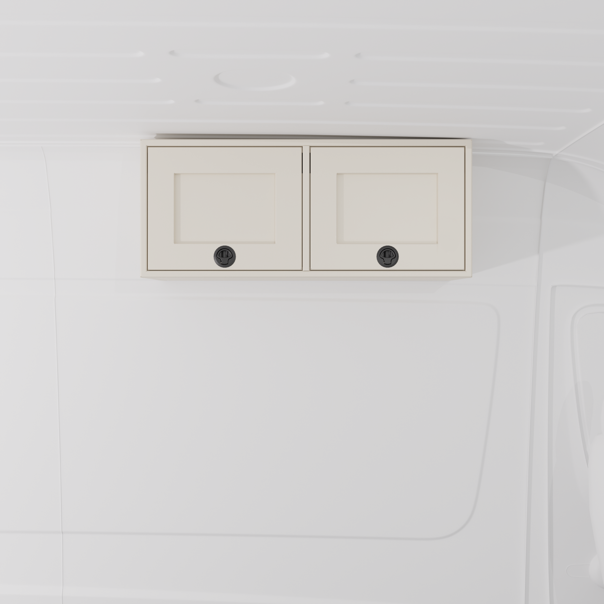 White 36-inch wide aluminum angled upper Van Wife Components cabinet with two shaker-style doors & flush slam latches mounted in a van
