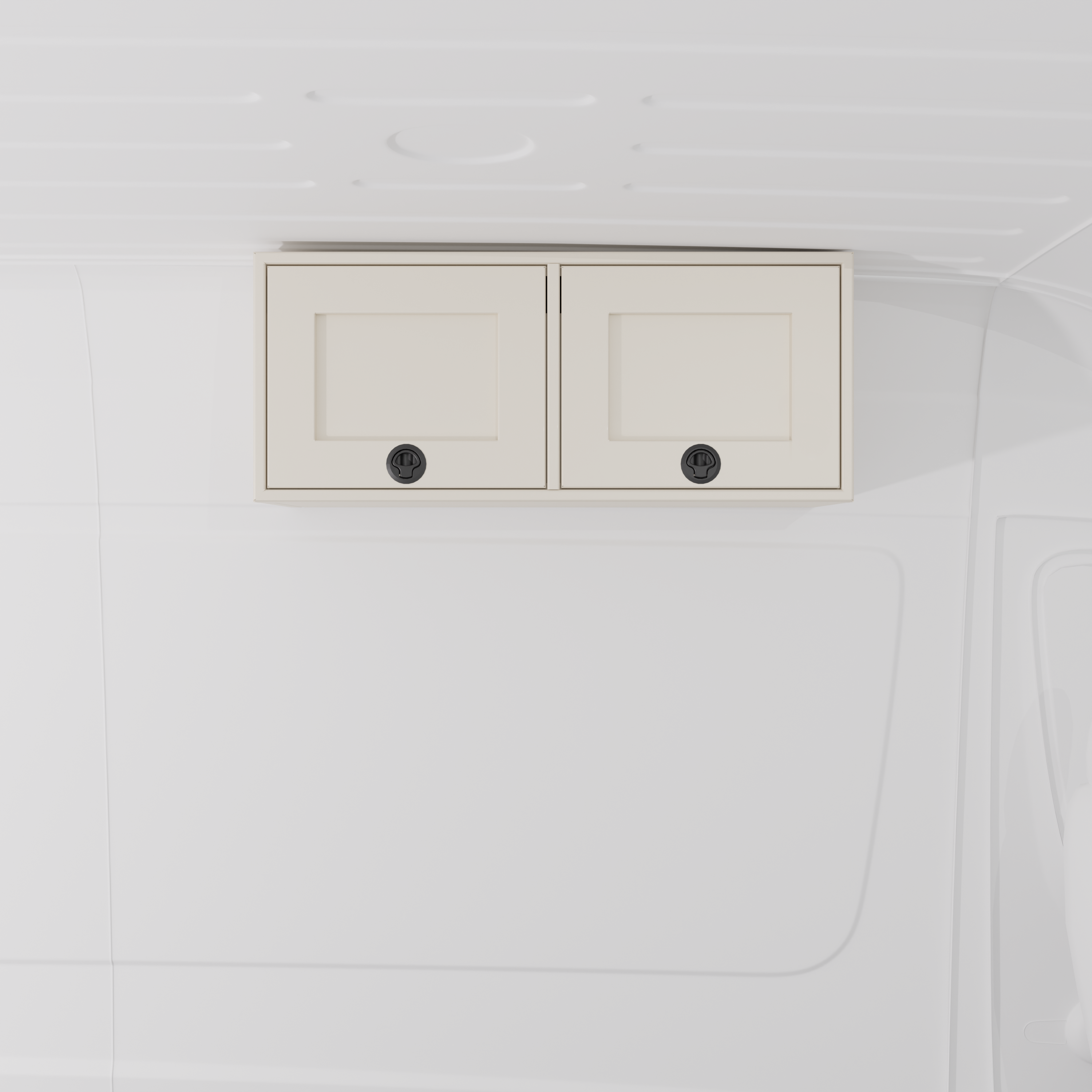 White 36-inch wide aluminum angled upper Van Wife Components cabinet with two shaker-style doors & flush slam latches mounted in a van
