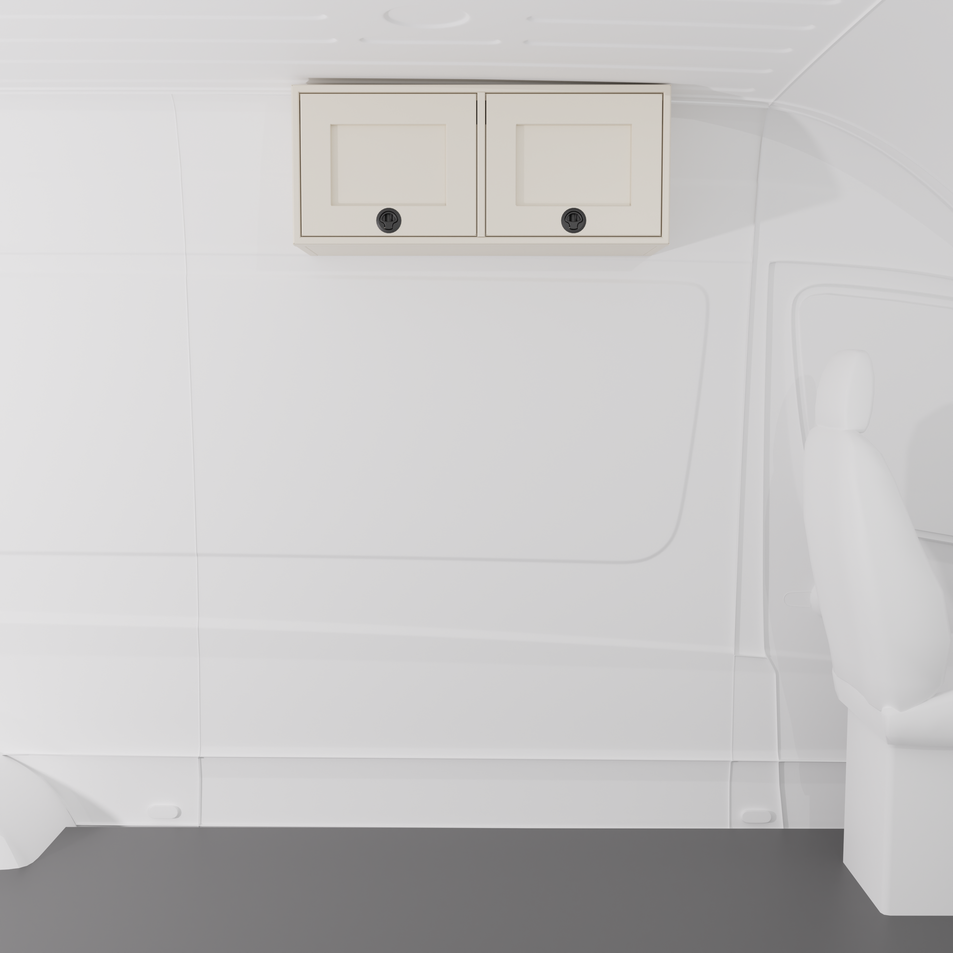White 36-inch wide aluminum angled upper Van Wife Components cabinet with two shaker-style doors & flush slam latches mounted in a van
