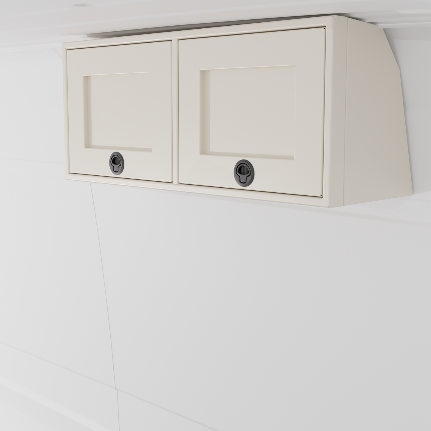 White 36-inch wide aluminum angled upper Van Wife Components cabinet with two shaker-style doors & flush slam latches mounted in a van
