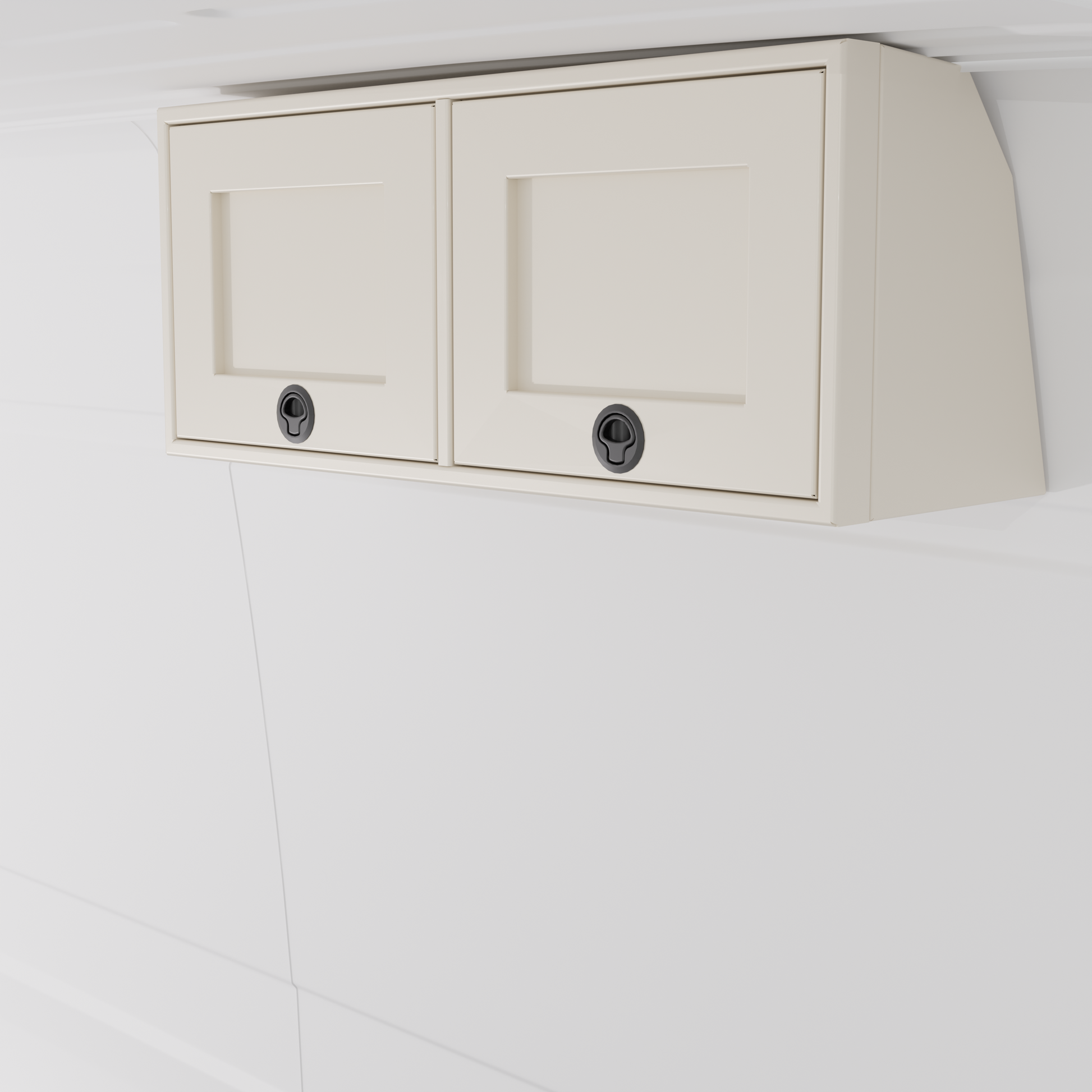 White 36-inch wide aluminum angled upper Van Wife Components cabinet with two shaker-style doors & flush slam latches mounted in a van
