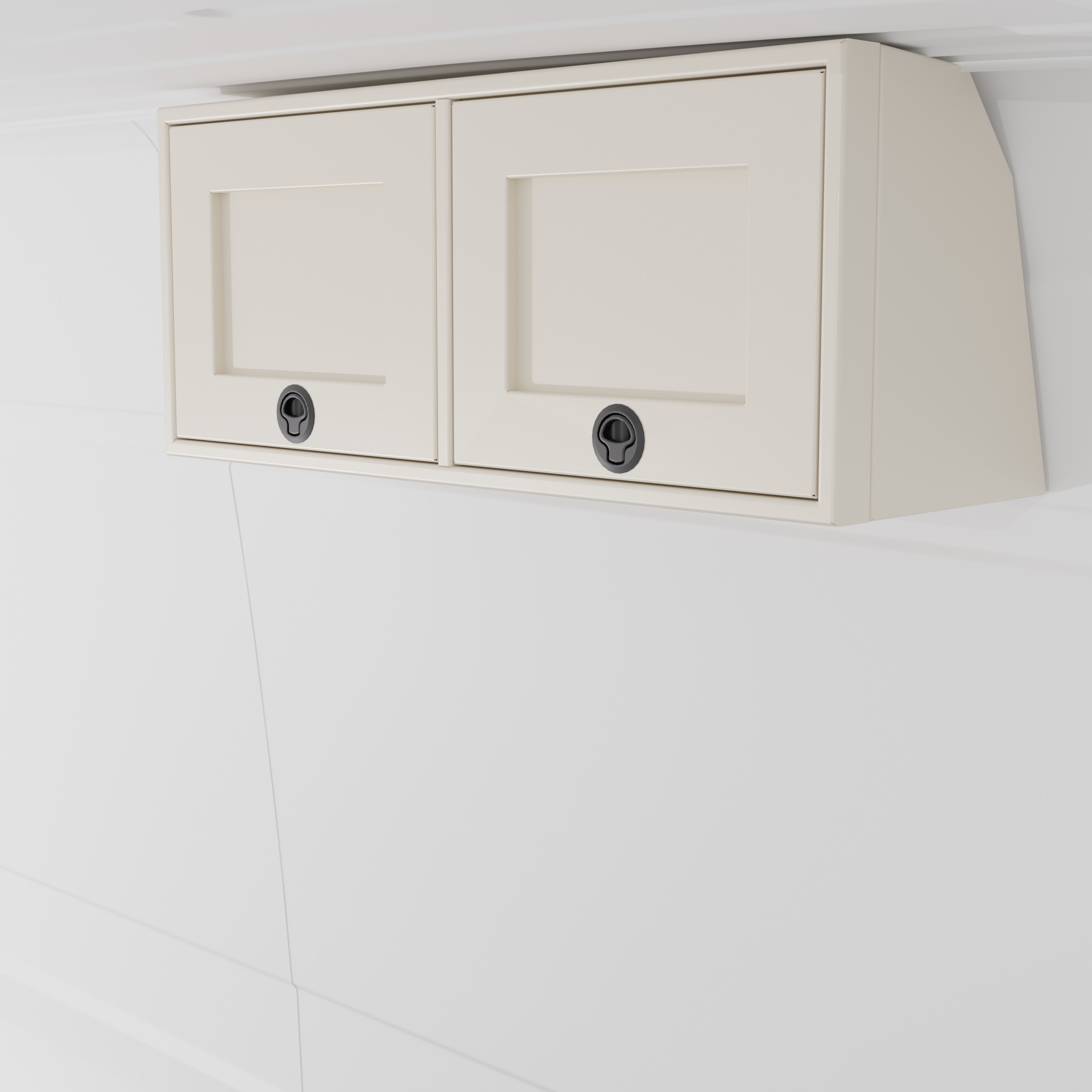 White 36-inch wide aluminum angled upper Van Wife Components cabinet with two shaker-style doors & flush slam latches mounted in a van
