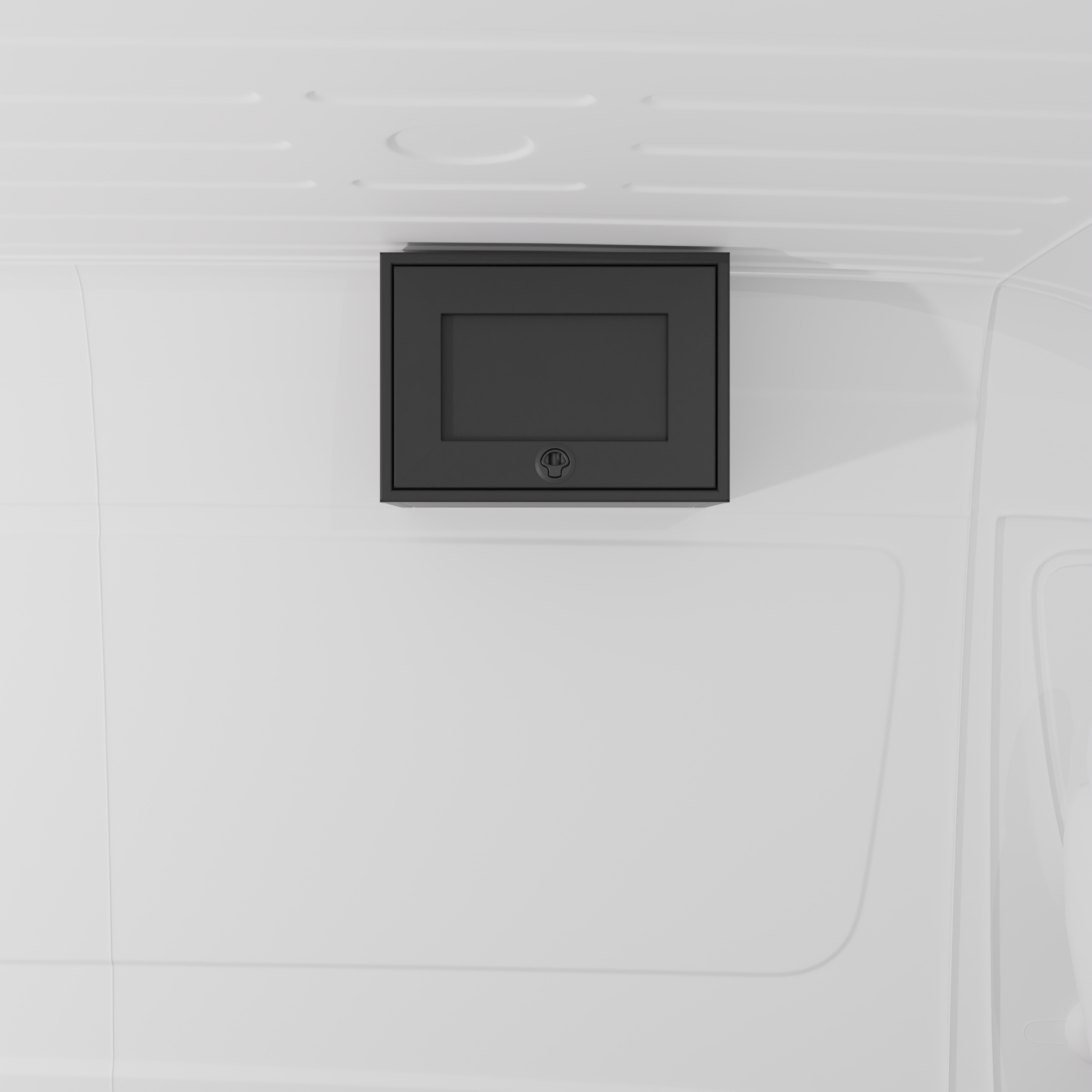 Black 21-inch wide aluminum angled upper Van Wife Components cabinet with a single shaker-style door & flush slam latch mounted in a van