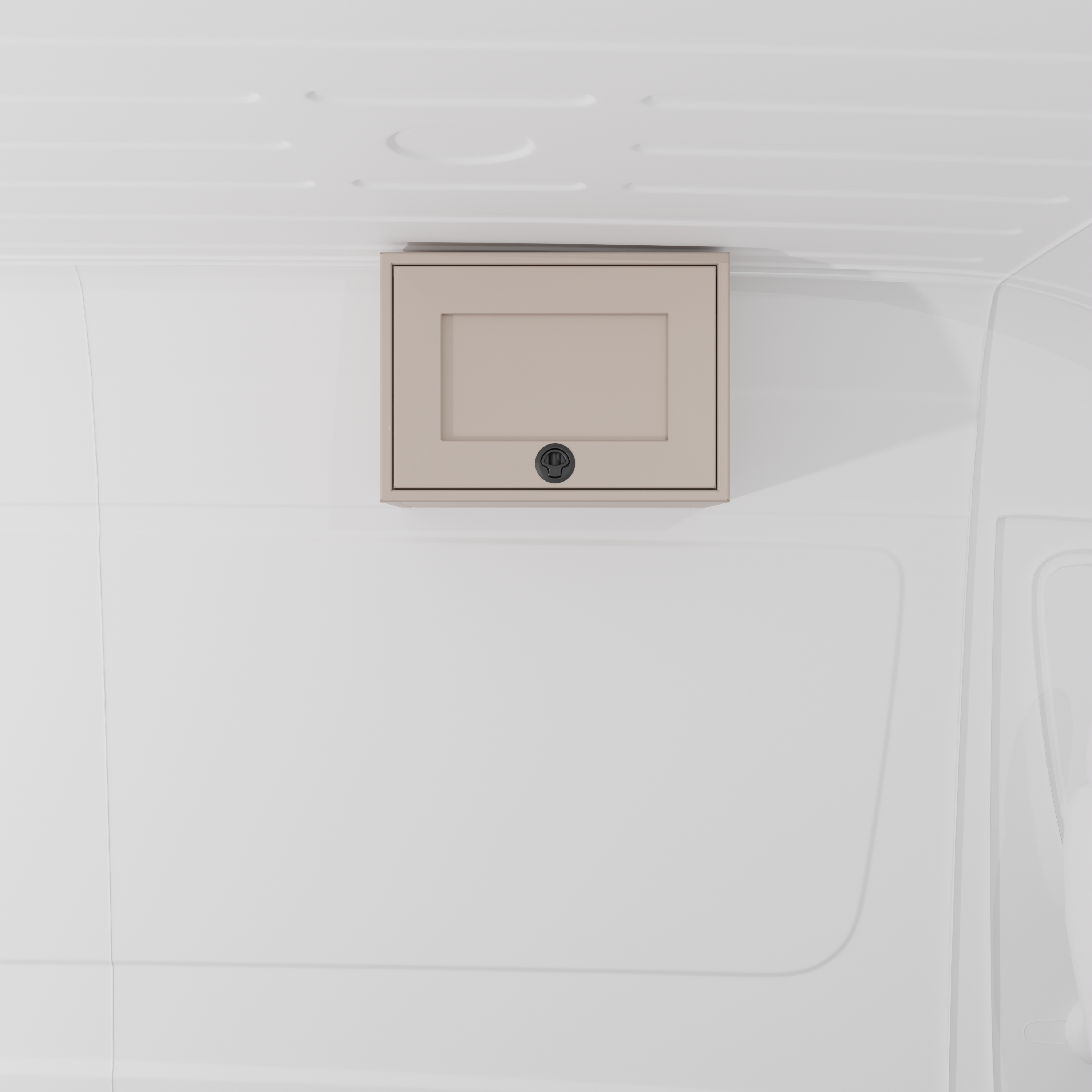 Sandstone 21-inch wide aluminum angled upper Van Wife Components cabinet with a single shaker-style door & flush slam latch mounted in a van