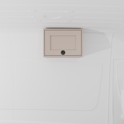 Sandstone 21-inch wide aluminum angled upper Van Wife Components cabinet with a single shaker-style door & flush slam latch mounted in a van