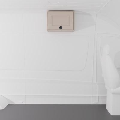 Sandstone 21-inch wide aluminum angled upper Van Wife Components cabinet with a single shaker-style door & flush slam latch mounted in a van