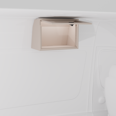 Sandstone 21-inch wide aluminum angled upper Van Wife Components cabinet with a single shaker-style door & flush slam latch mounted in a van