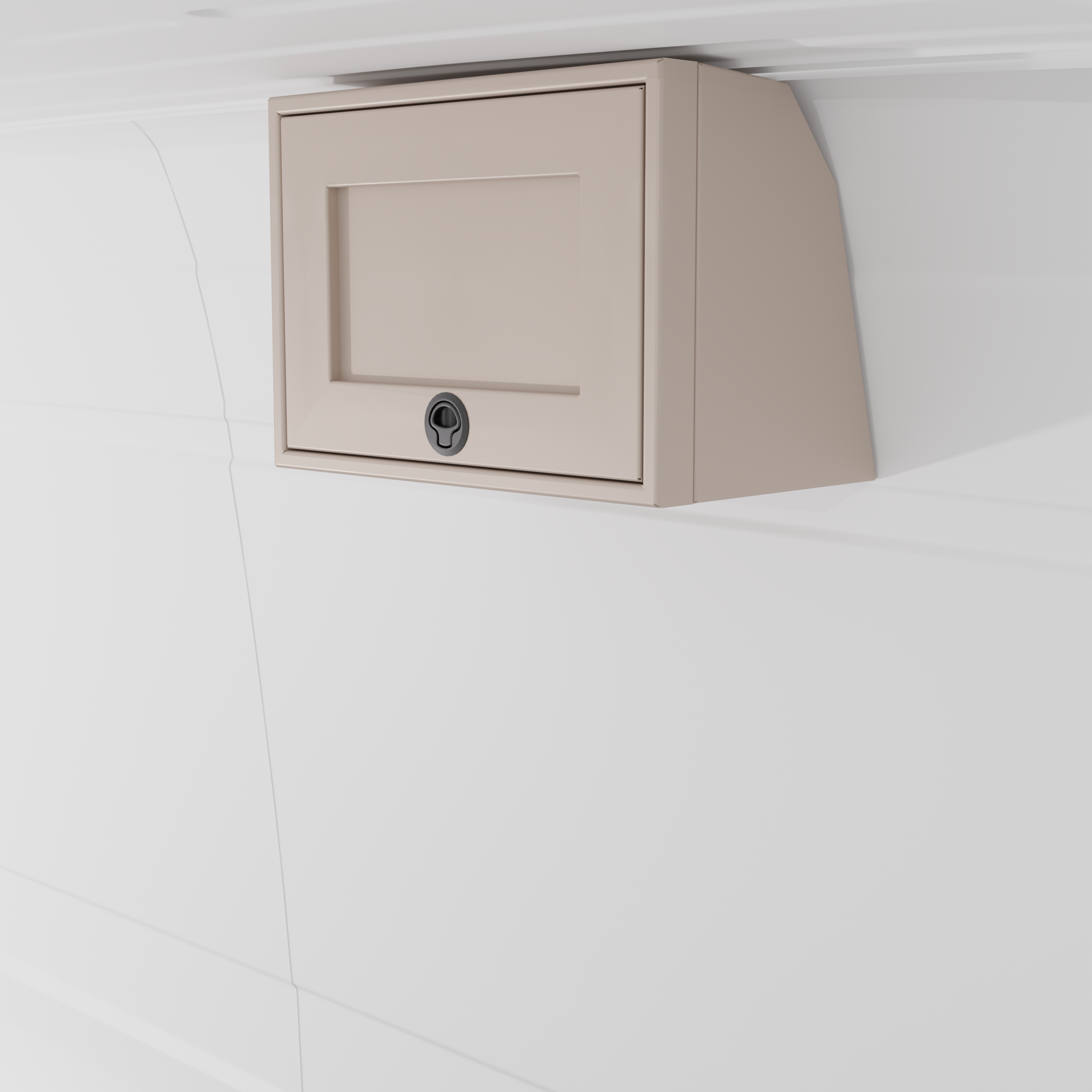Sandstone 21-inch wide aluminum angled upper Van Wife Components cabinet with a single shaker-style door & flush slam latch mounted in a van