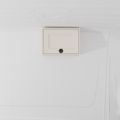 White 21-inch wide aluminum angled upper Van Wife Components cabinet with a single shaker-style door & flush slam latch mounted in a van