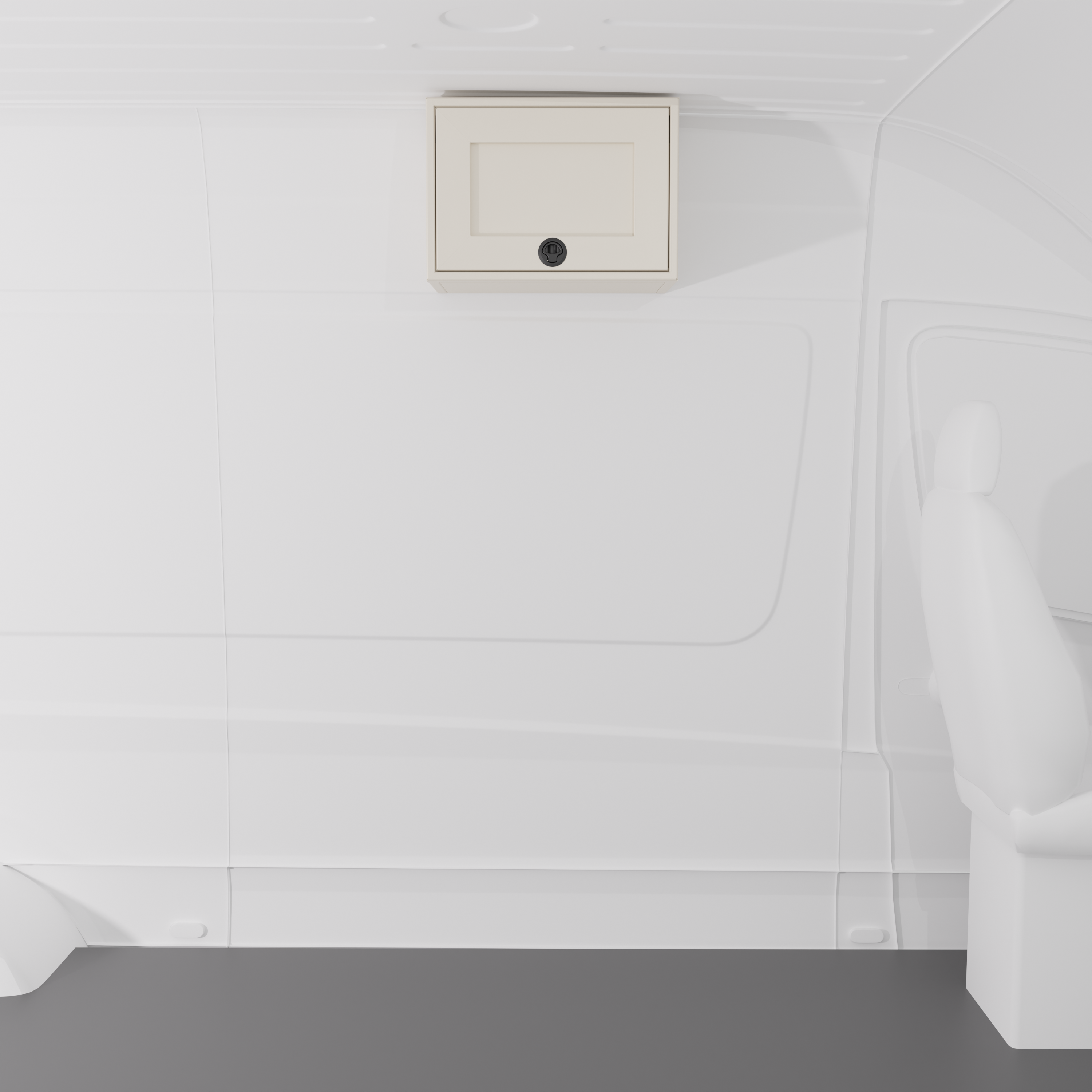 White 21-inch wide aluminum angled upper Van Wife Components cabinet with a single shaker-style door & flush slam latch mounted in a van