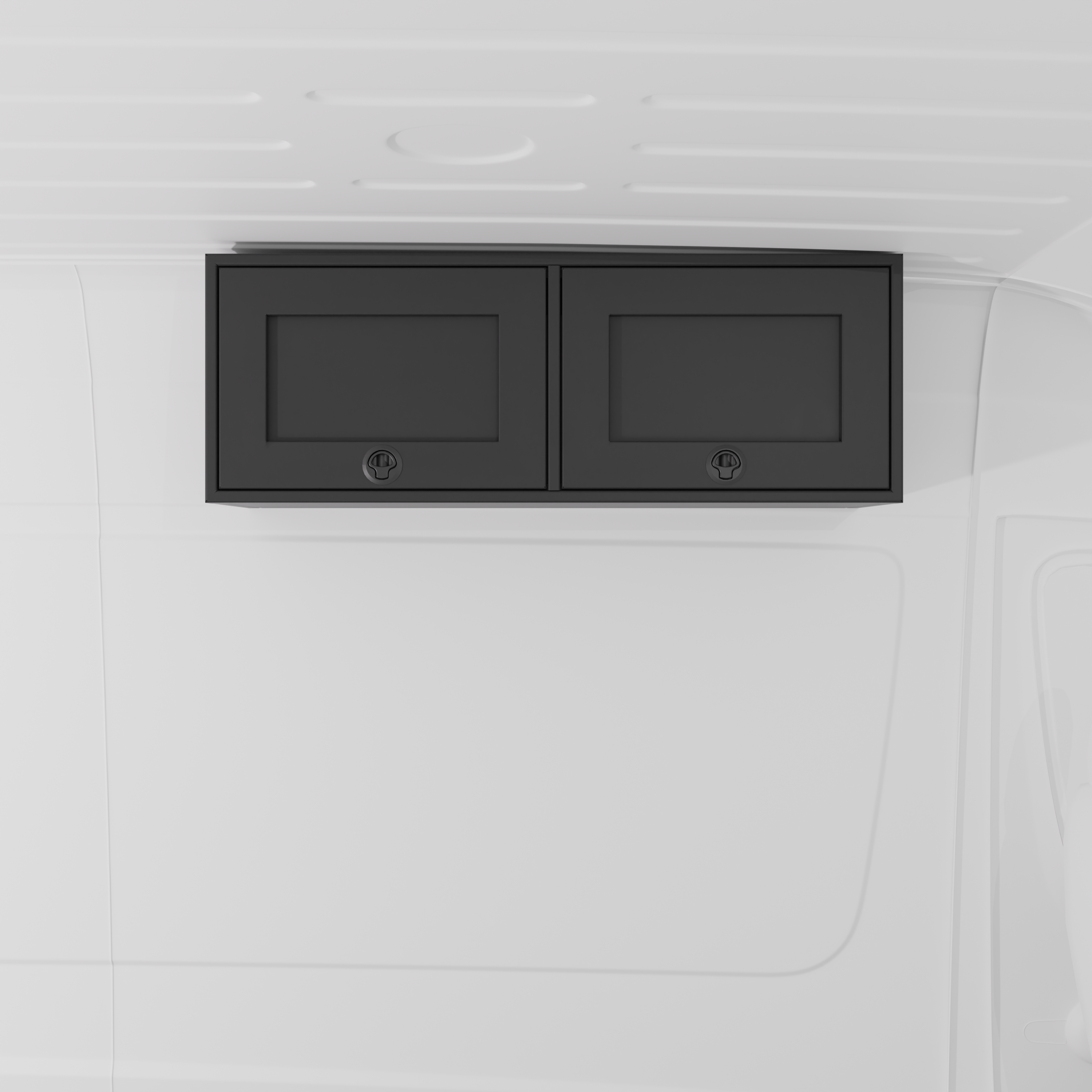 Black 42-inch wide aluminum angled upper Van Wife Components cabinet with two shaker-style doors & flush slam latches mounted in a van
