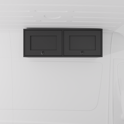 Black 42-inch wide aluminum angled upper Van Wife Components cabinet with two shaker-style doors & flush slam latches mounted in a van
