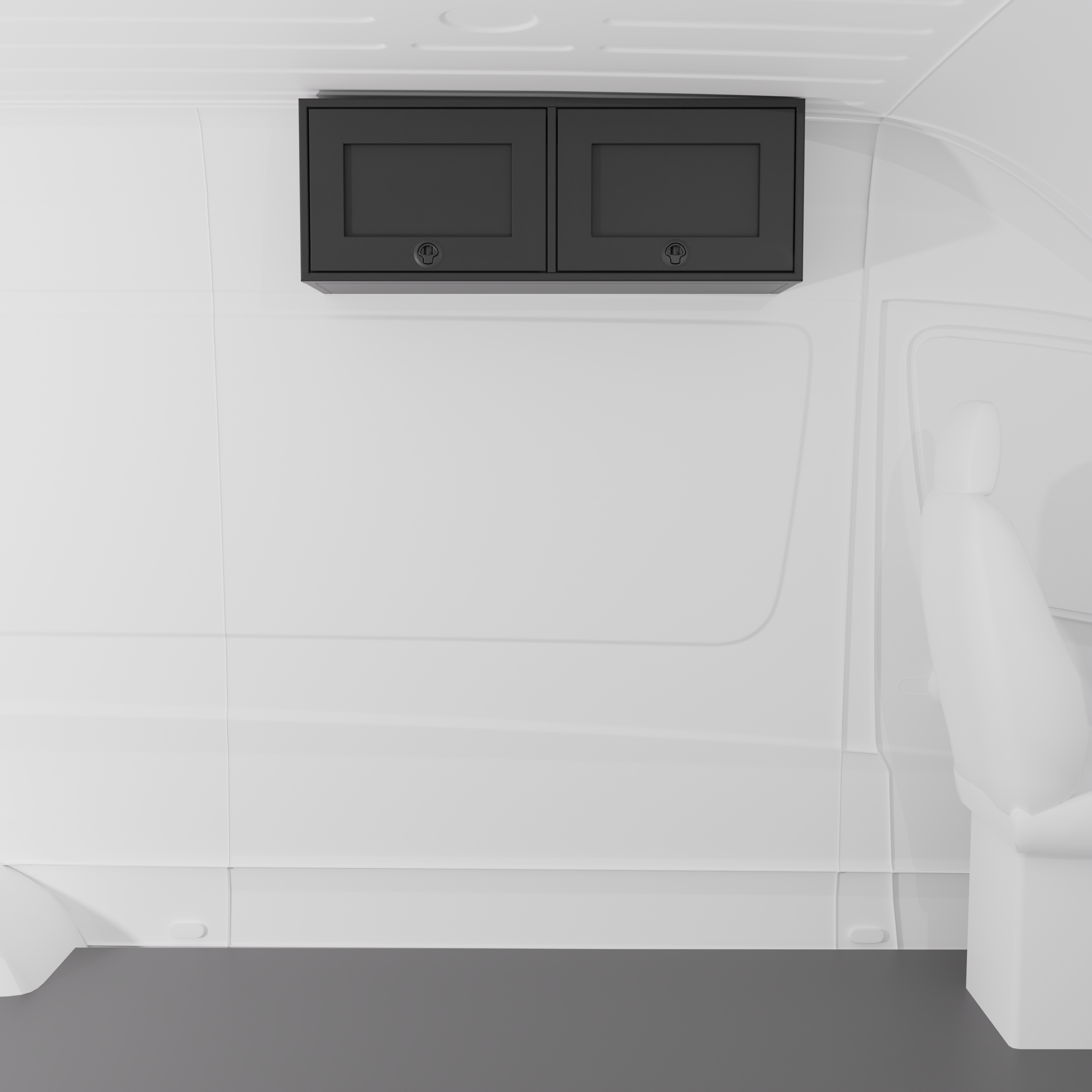 Black 42-inch wide aluminum angled upper Van Wife Components cabinet with two shaker-style doors & flush slam latches mounted in a van
