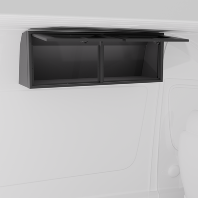 Black 42-inch wide aluminum angled upper Van Wife Components cabinet with two shaker-style doors & flush slam latches mounted in a van
