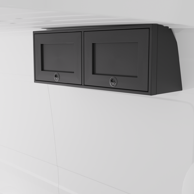 Black 42-inch wide aluminum angled upper Van Wife Components cabinet with two shaker-style doors & flush slam latches mounted in a van
