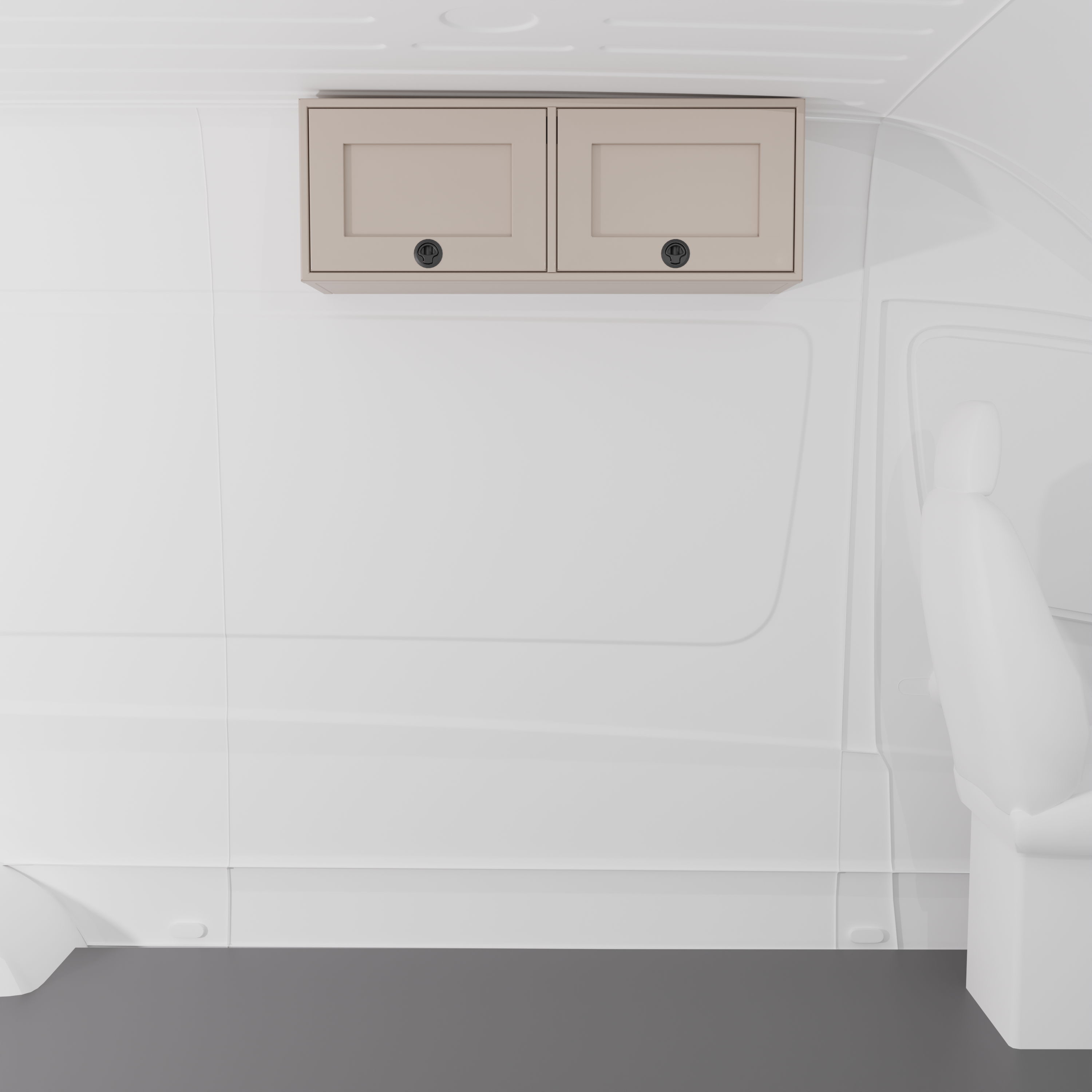 Sandstone 42-inch wide aluminum angled upper Van Wife Components cabinet with two shaker-style doors & flush slam latches mounted in a van
