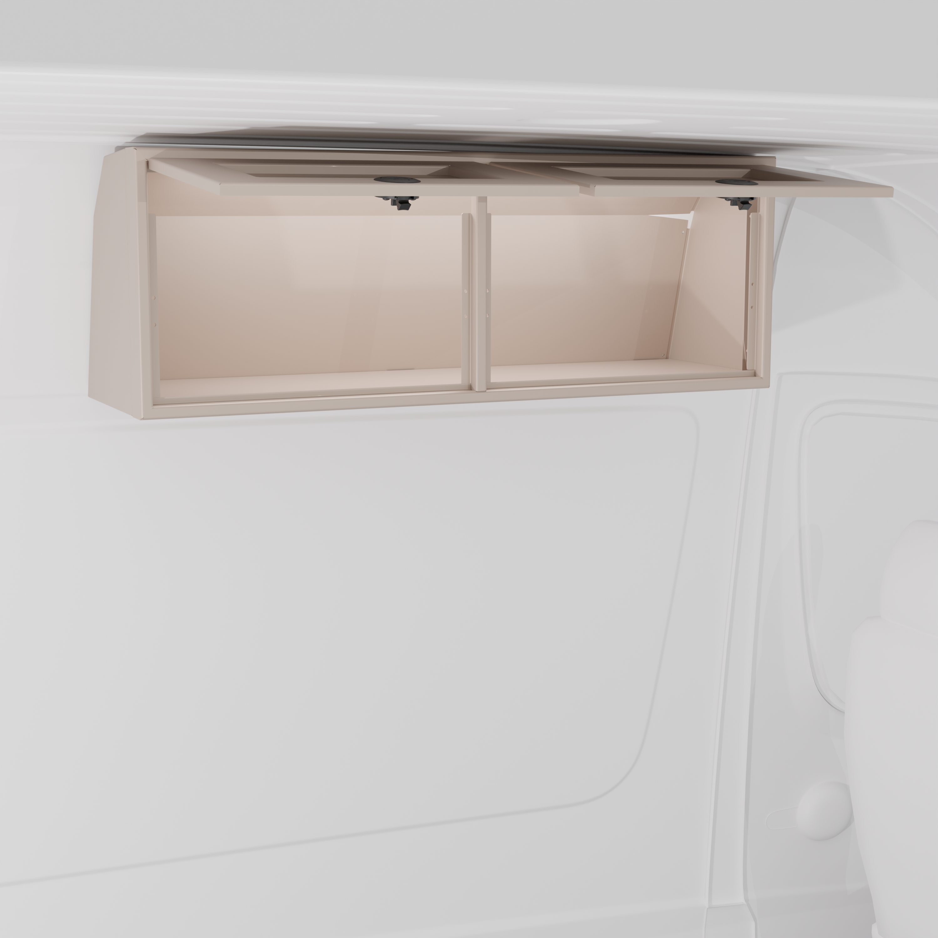 Sandstone 42-inch wide aluminum angled upper Van Wife Components cabinet with two shaker-style doors & flush slam latches mounted in a van
