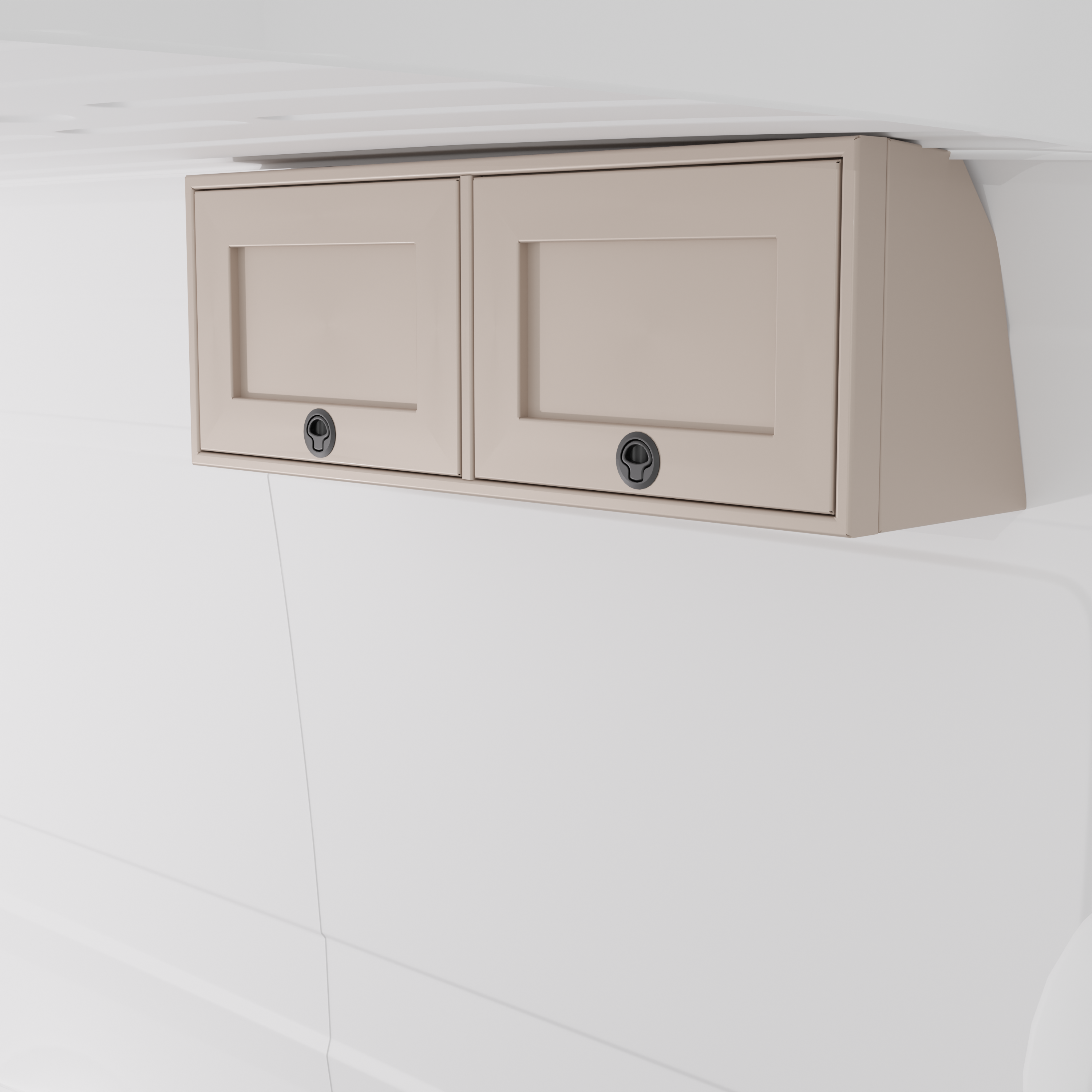 Sandstone 42-inch wide aluminum angled upper Van Wife Components cabinet with two shaker-style doors & flush slam latches mounted in a van
