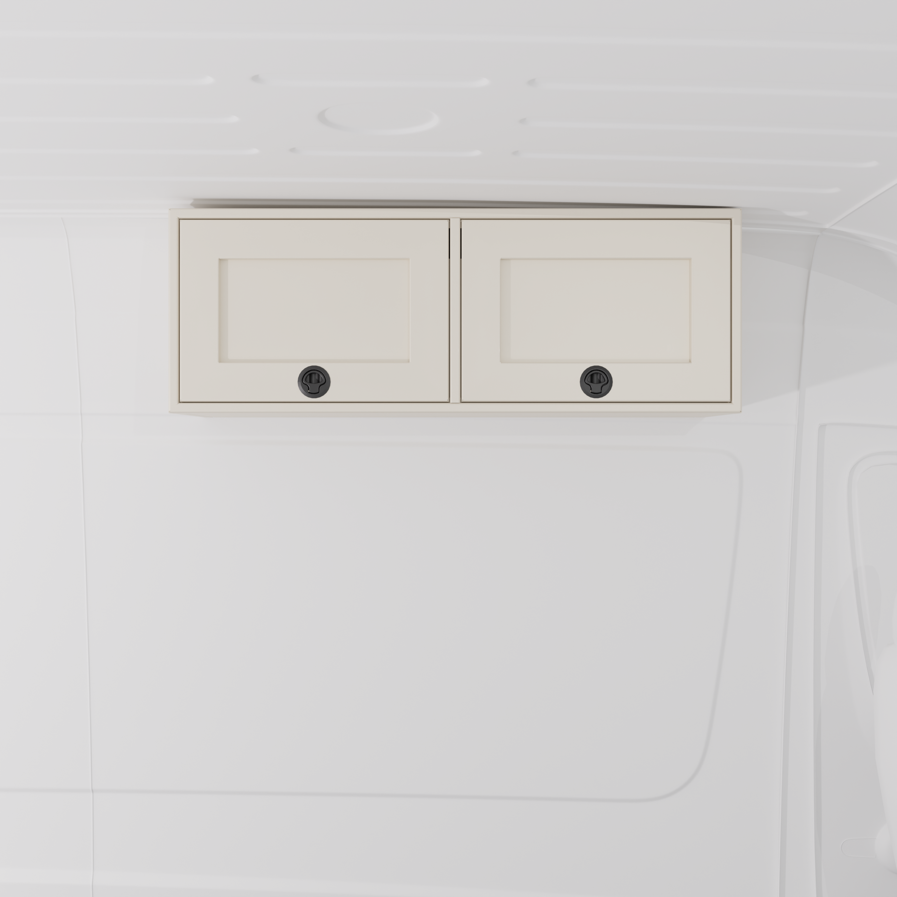 White 42-inch wide aluminum angled upper Van Wife Components cabinet with two shaker-style doors & flush slam latches mounted in a van
