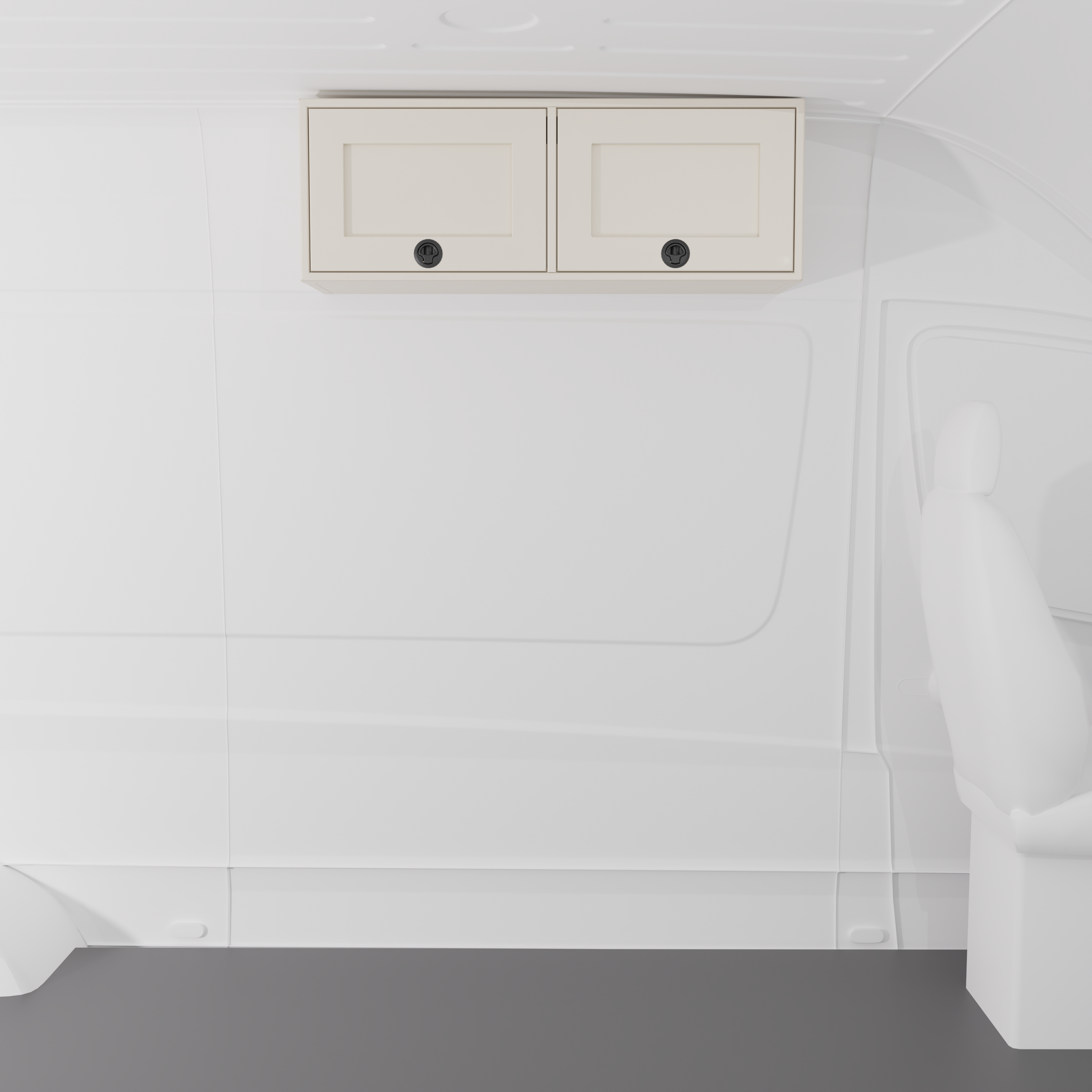White 42-inch wide aluminum angled upper Van Wife Components cabinet with two shaker-style doors & flush slam latches mounted in a van
