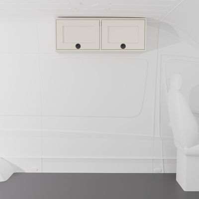 White 42-inch wide aluminum angled upper Van Wife Components cabinet with two shaker-style doors & flush slam latches mounted in a van
