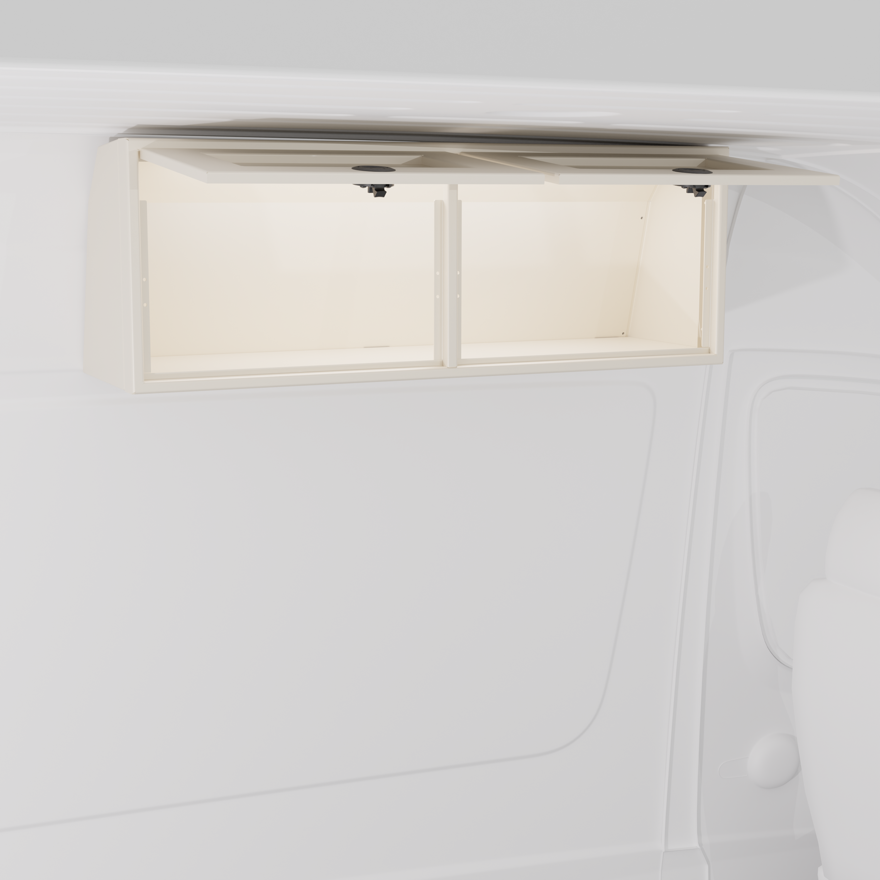 White 42-inch wide aluminum angled upper Van Wife Components cabinet with two shaker-style doors & flush slam latches mounted in a van
