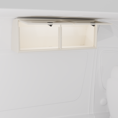 White 42-inch wide aluminum angled upper Van Wife Components cabinet with two shaker-style doors & flush slam latches mounted in a van
